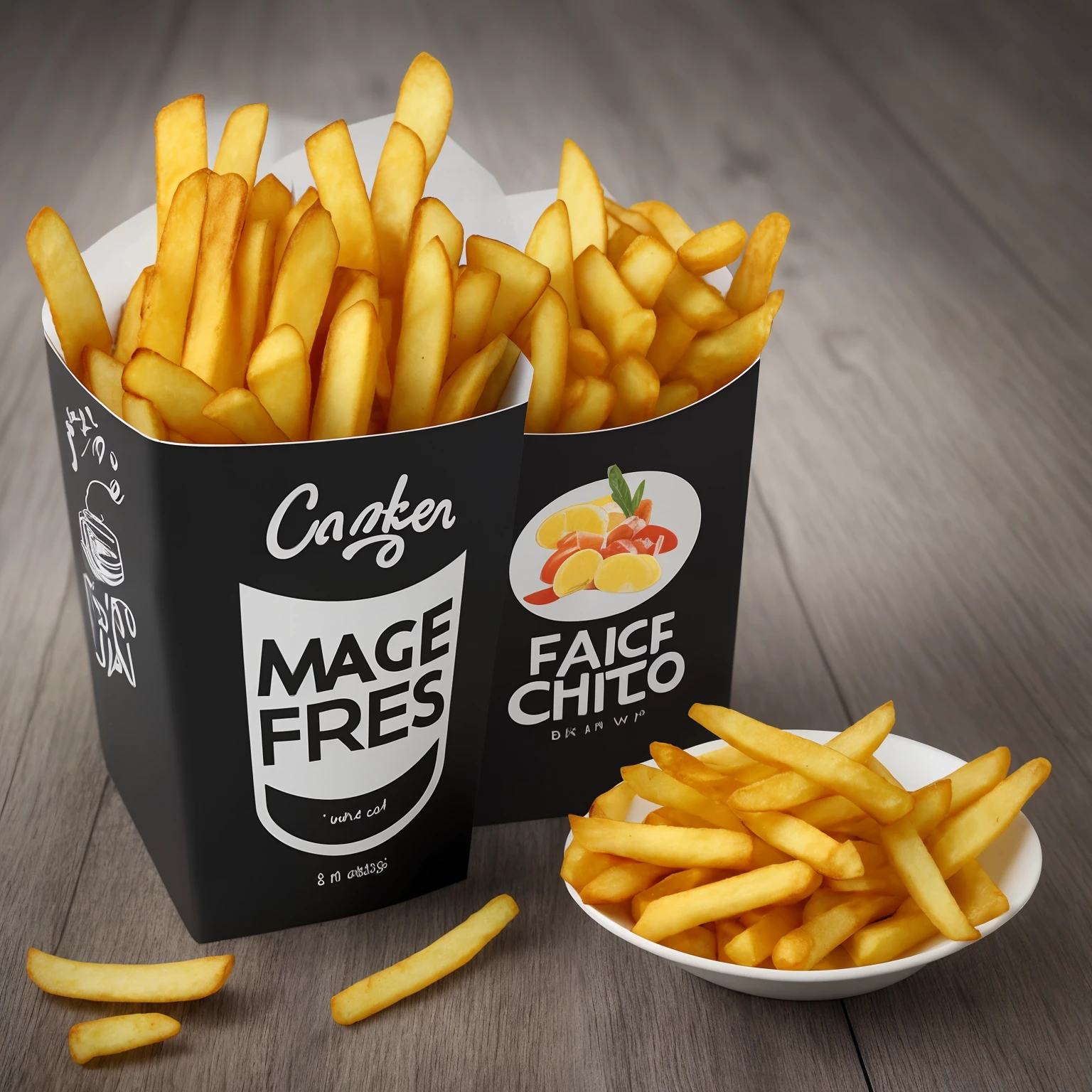 . fries as a carton with a modern packaging, Magic Fries text, Magic Frie, Fish and chips, product labelling drink, mate black and yellow and orange colors