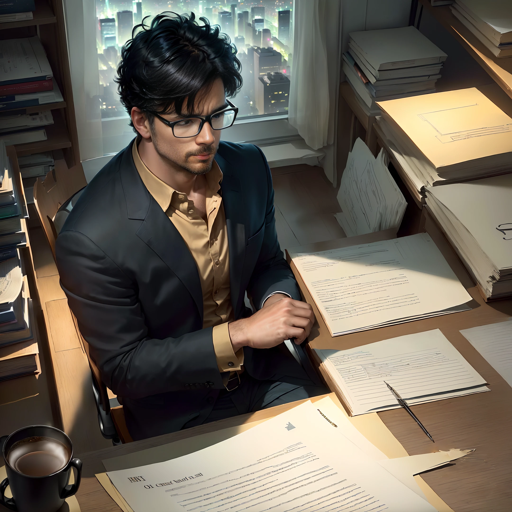 (extremely fine CG HD illustration, best quality, masterpiece), (depressed office, dimly lit, man sitting at the desk surrounded by a lot of documents, panorama), (heavy heart, tired expression, man closes his eyes Thinking, head in hand, short black hair, black-rimmed glasses, open laptop, smoking half a cup of coffee), (detailed bust, props, emphasizing fatigue) (outside the window is the night view of the city at night) (45-degree overhead shot)