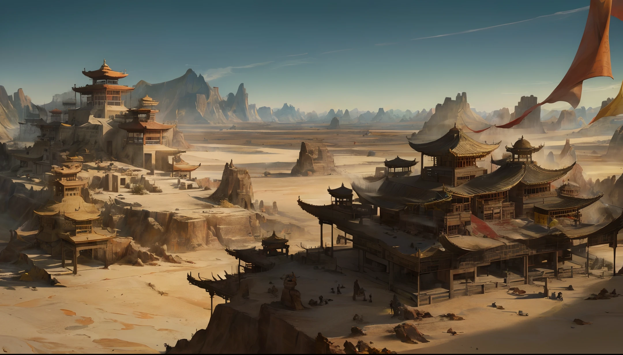 Ancient Chinese landscapes, (desert), (Dunhuang), (Loulan ancient country), (yellow sand), ((desolate)), gray, ((monsters)), ((white bones)), ((dried blood)), (prayer flags)), absurdity, realistic lighting, (abyss) masterpiece, high quality, beautiful graphics, high detail,