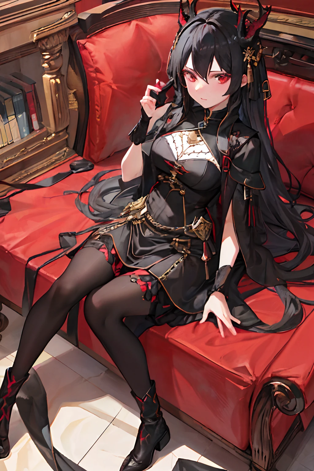 masterpiece, best, 1lady, beautiful, black hair, {red eyes}, black dragon scales, black dragon tail, black forest, firelight, ackenberg diamonds, contempt, palatial clothes, highlights your hair, gold fussy decoration, chain
