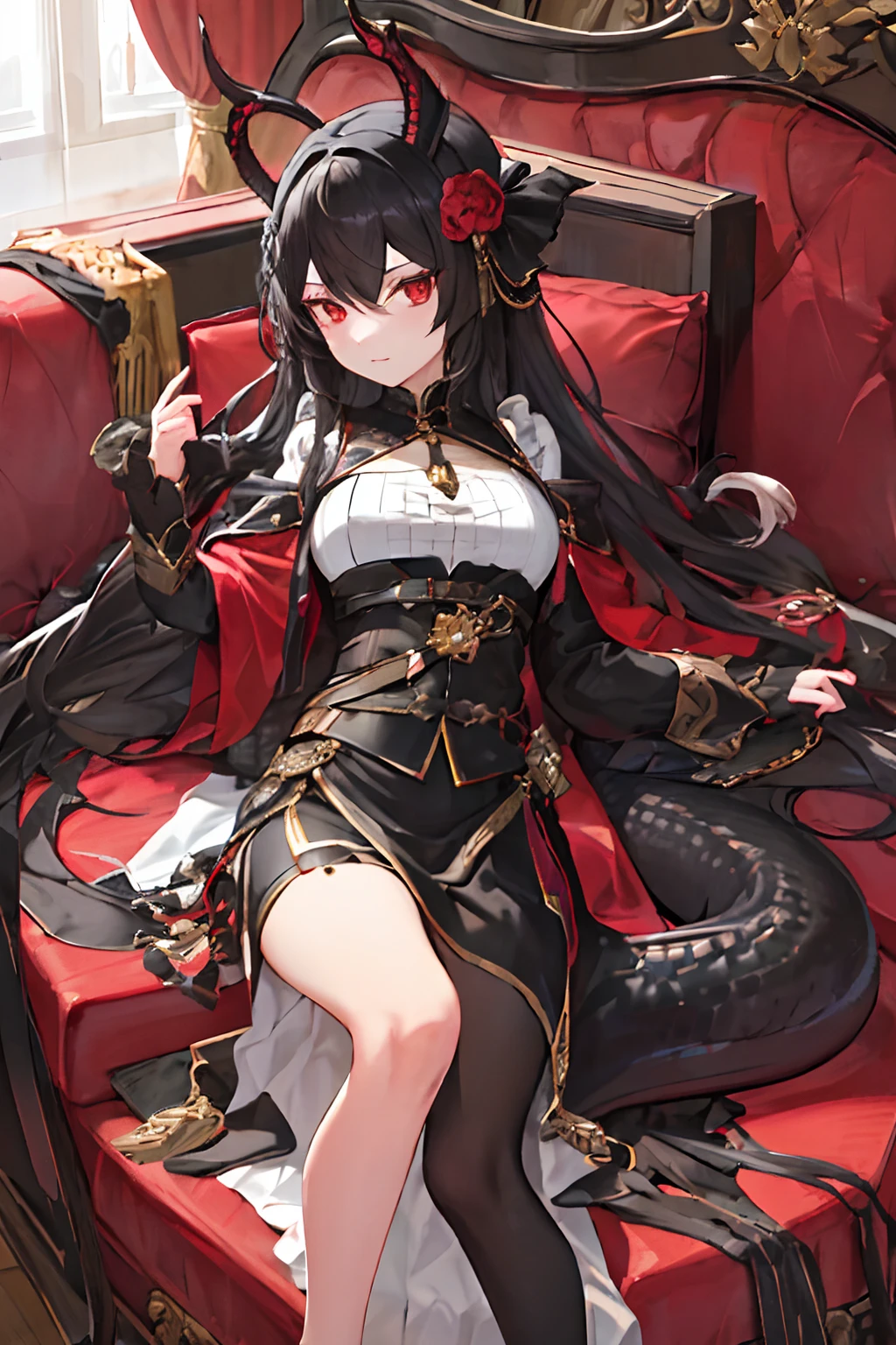 masterpiece, best, 1lady, beautiful, black hair, {red eyes}, black dragon scales, black dragon tail, black forest, firelight, ackenberg diamonds, contempt, palatial clothes, highlights your hair, gold fussy decoration, chain