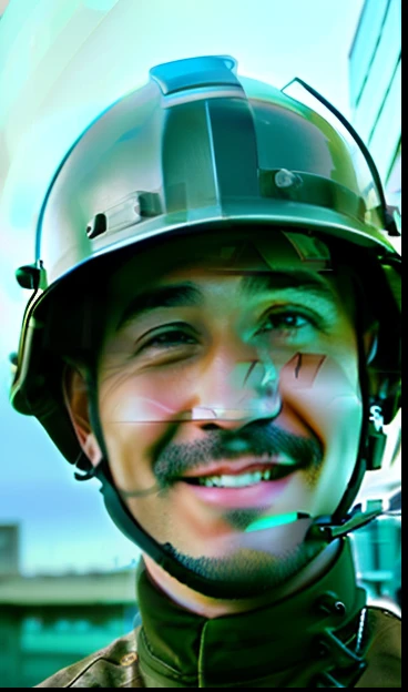 RAW photo, closeup portrait photo of a smiling man in military uniform, steel helmet, city ruins in the background, (high detail skin: 1.2), 8k uhd, DSLR, soft lighting, high quality, film grain, Fujifilm XT3