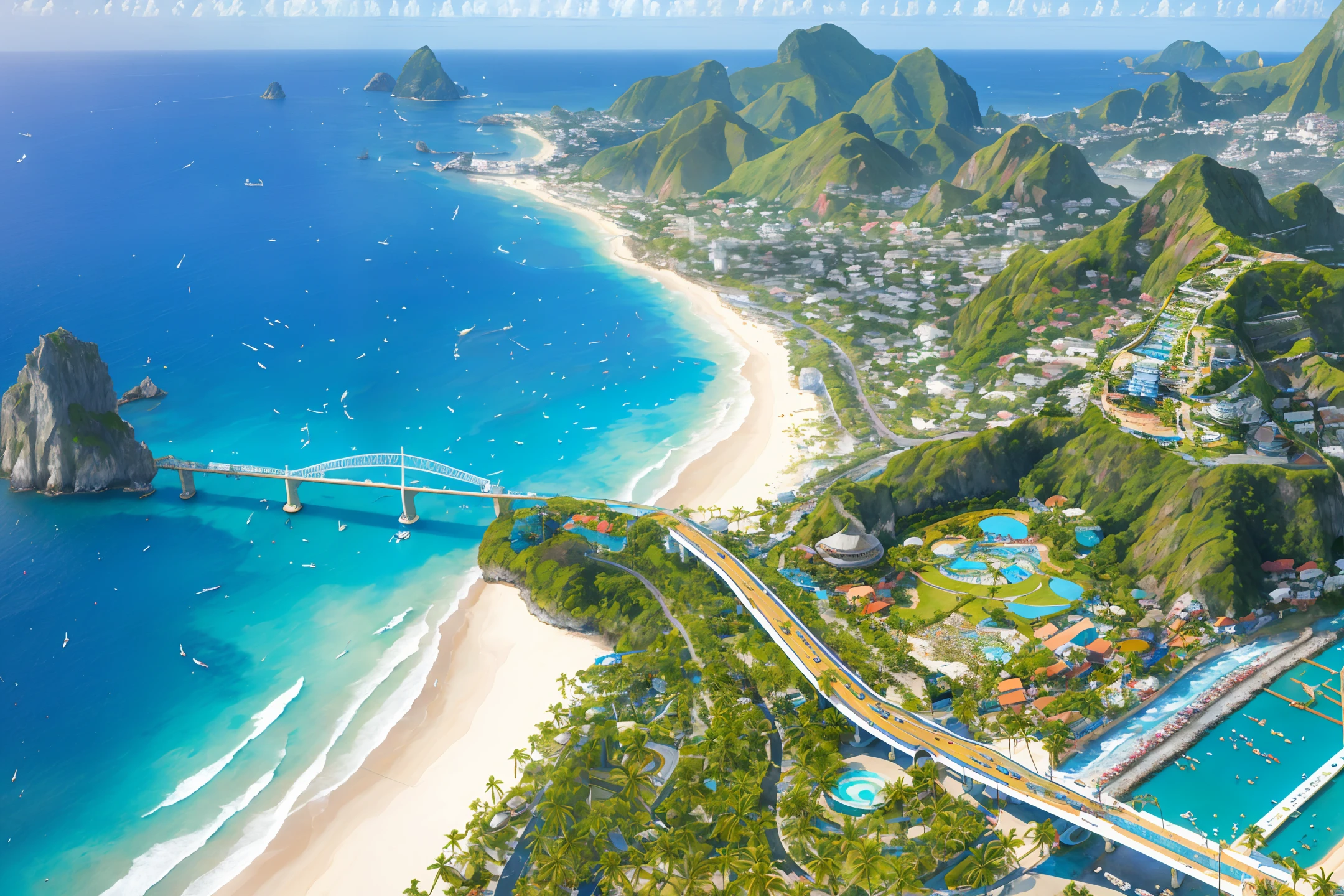 Masterpiece, best quality, high quality, extremely detailed CG unity 8k wallpaper, coastline, mountains, top view, mexican style, asphalt road, tropical trees, sea water, pier, ship, race track, beautiful scenery, nature, seaside scenery , coconut trees, modern towns, gas stations, ships, amusement parks.