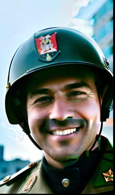 RAW photo, closeup portrait photo of a smiling man in military uniform, steel helmet, city ruins in background, (high detail skin: 1.2), 8k uhd, DSLR, soft light, high quality, film grain, Fujifilm XT3