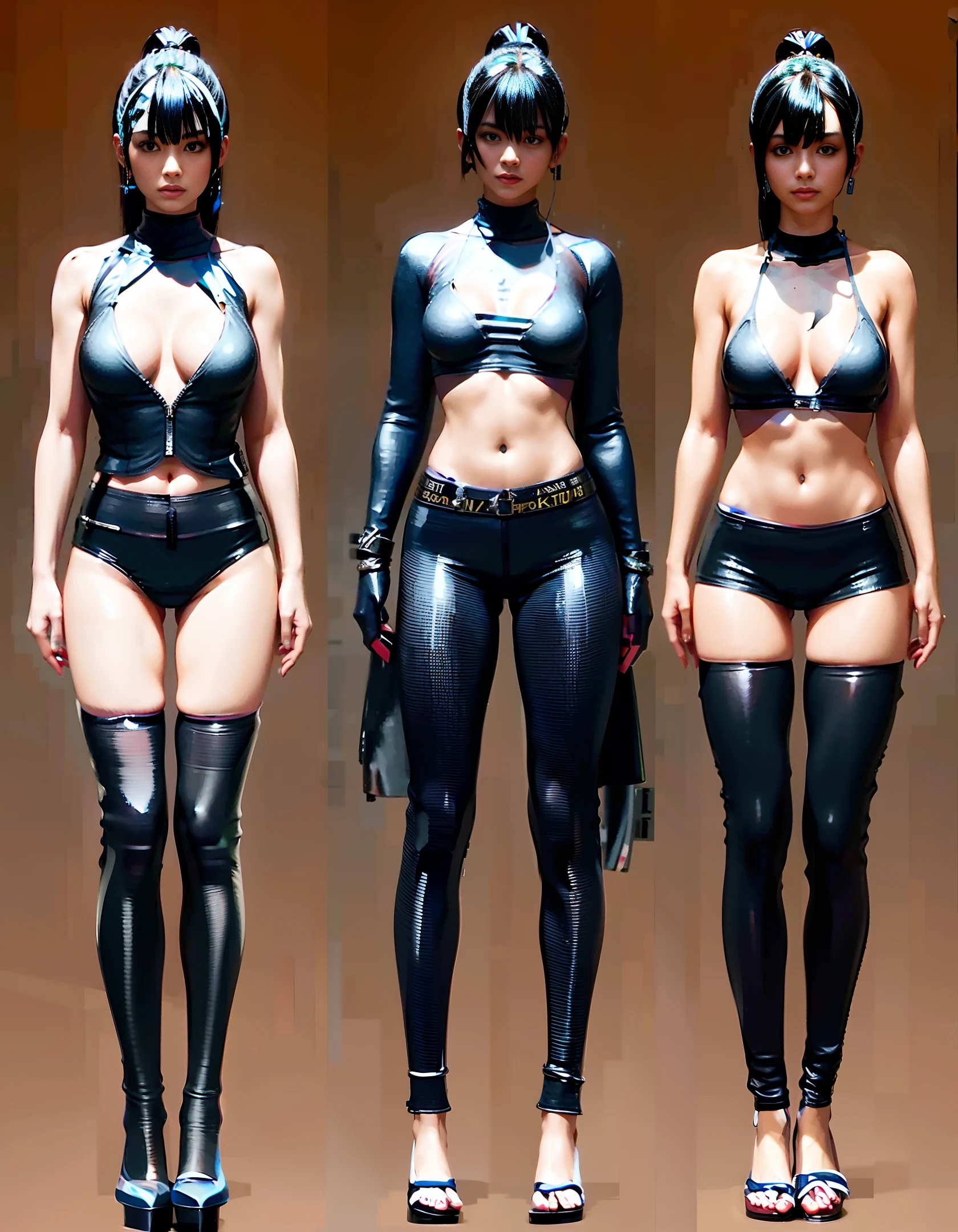 Ultra-realistic ultra-detailed 8k RAW photos, realistic cyberpunk elements, best quality, ultra-high resolution, exquisite body, long black ponytail, leather clothing, ragged clothes, big breasts, seductive human girl cleavage, bikini, nudity lower body, white background.