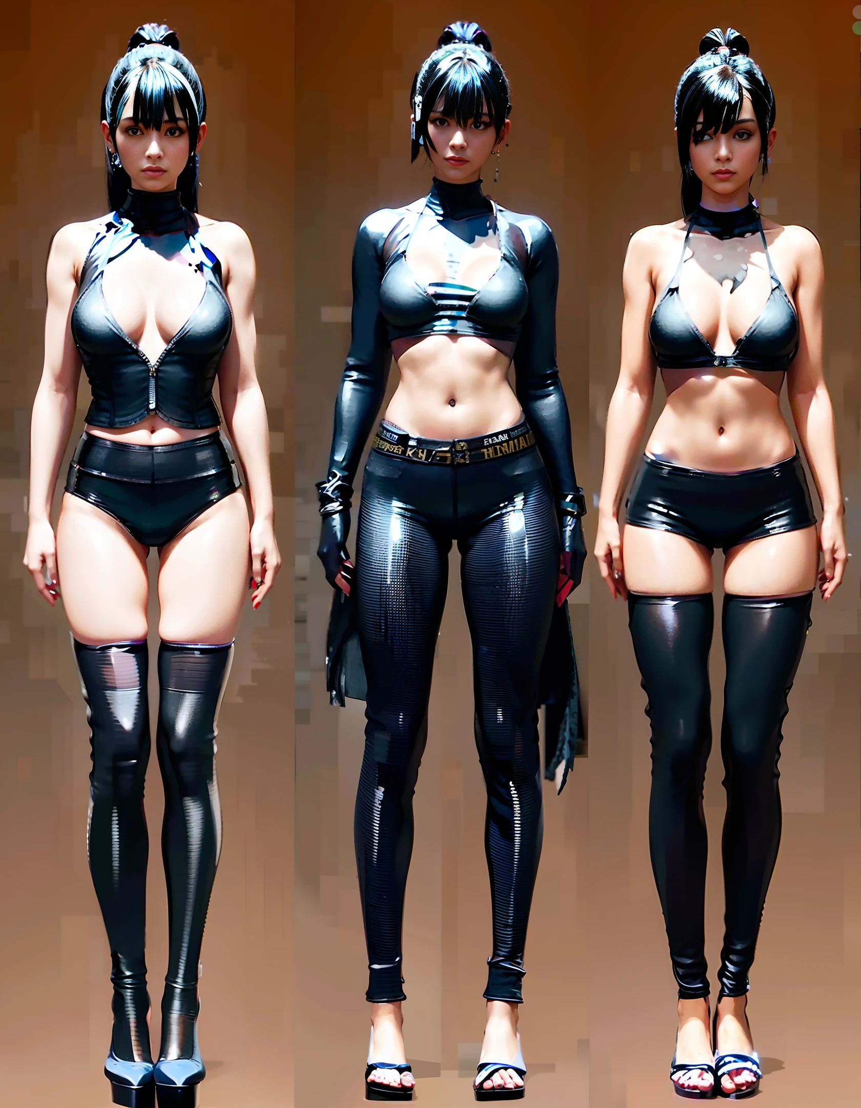 Ultra-realistic ultra-detailed 8k RAW photos, realistic cyberpunk elements, best quality, ultra-high resolution, exquisite body, long black ponytail, leather clothing, ragged clothes, big breasts, seductive human girl cleavage, bikini, nudity lower body, white background.
