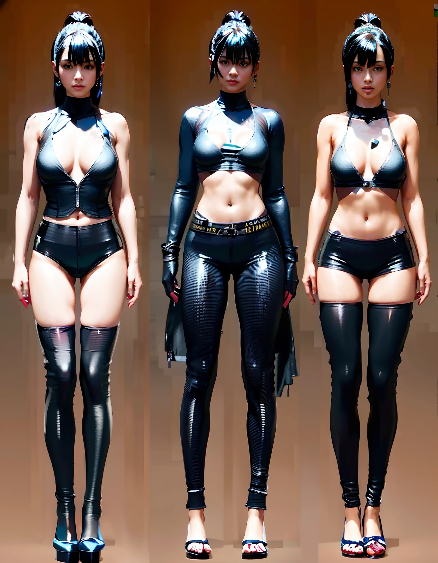 Ultra-realistic ultra-detailed 8k RAW photos, realistic cyberpunk elements, best quality, ultra-high resolution, exquisite body, long black ponytail, leather clothing, ragged clothes, big breasts, seductive human girl cleavage, bikini, nudity lower body, white background.