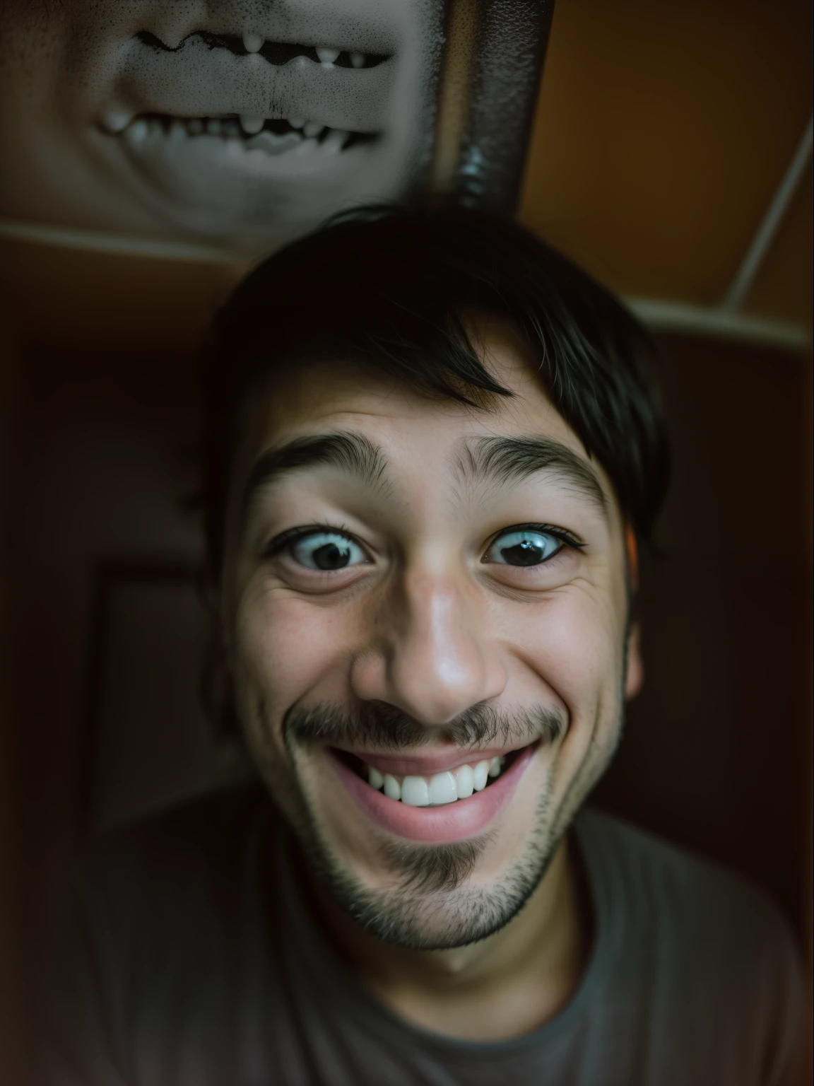 RAW photo, front teeth, creepy smile, surprised expression, closeup portrait photo of a creepy man, eyes wide open, focus on nose, fisheye lens, indoor background, (high detail skin: 1.2), 8k uhd, digital DSLR, soft light, high quality, film grain, Fujifilm XT3