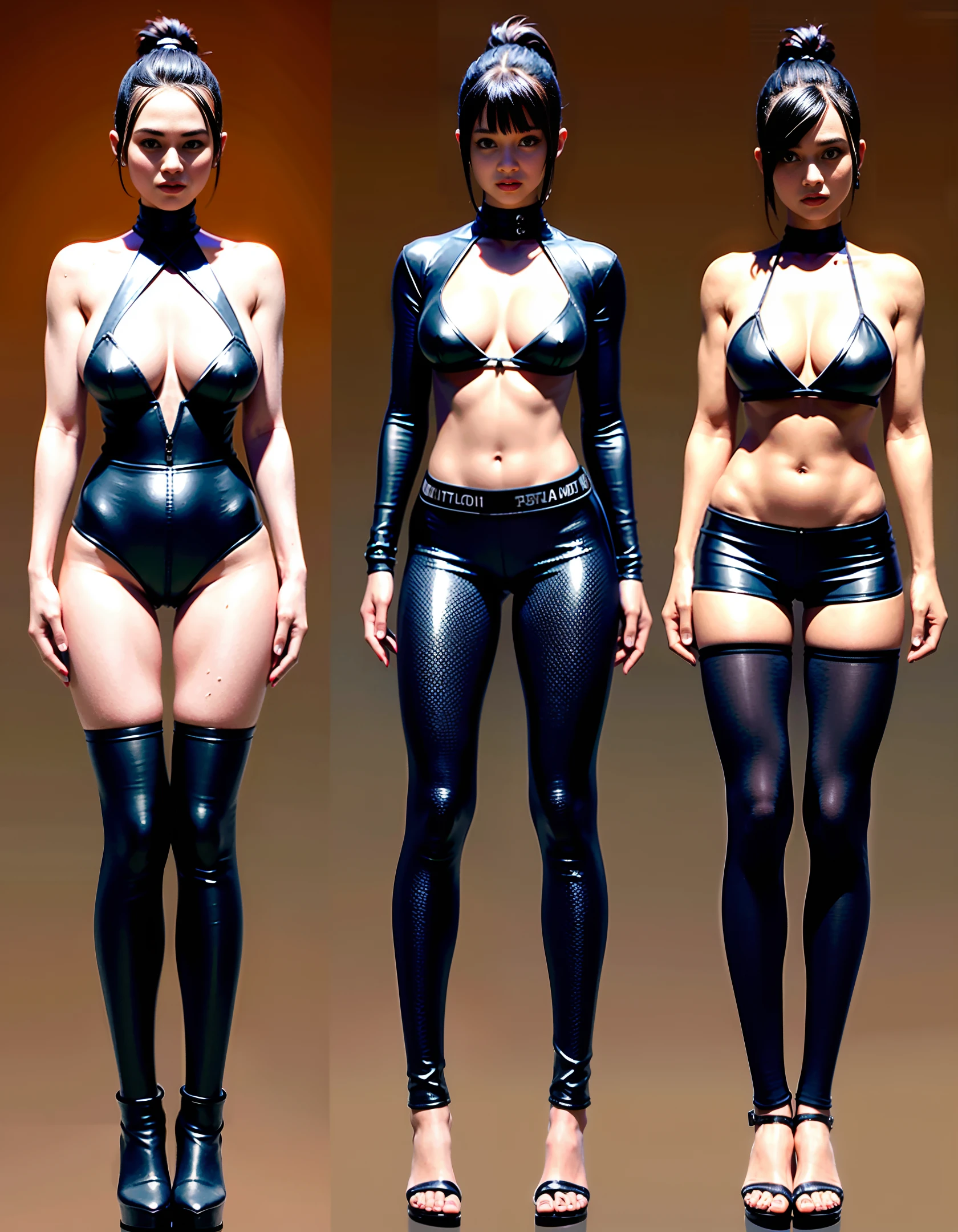 Ultra-realistic ultra-detailed 8k RAW photos, realistic cyberpunk elements, best quality, ultra-high resolution, exquisite body, black long ponytail, leather clothes, ragged clothes, big breasts, seductive human girl cleavage, bikini, bare lower body ,White background.