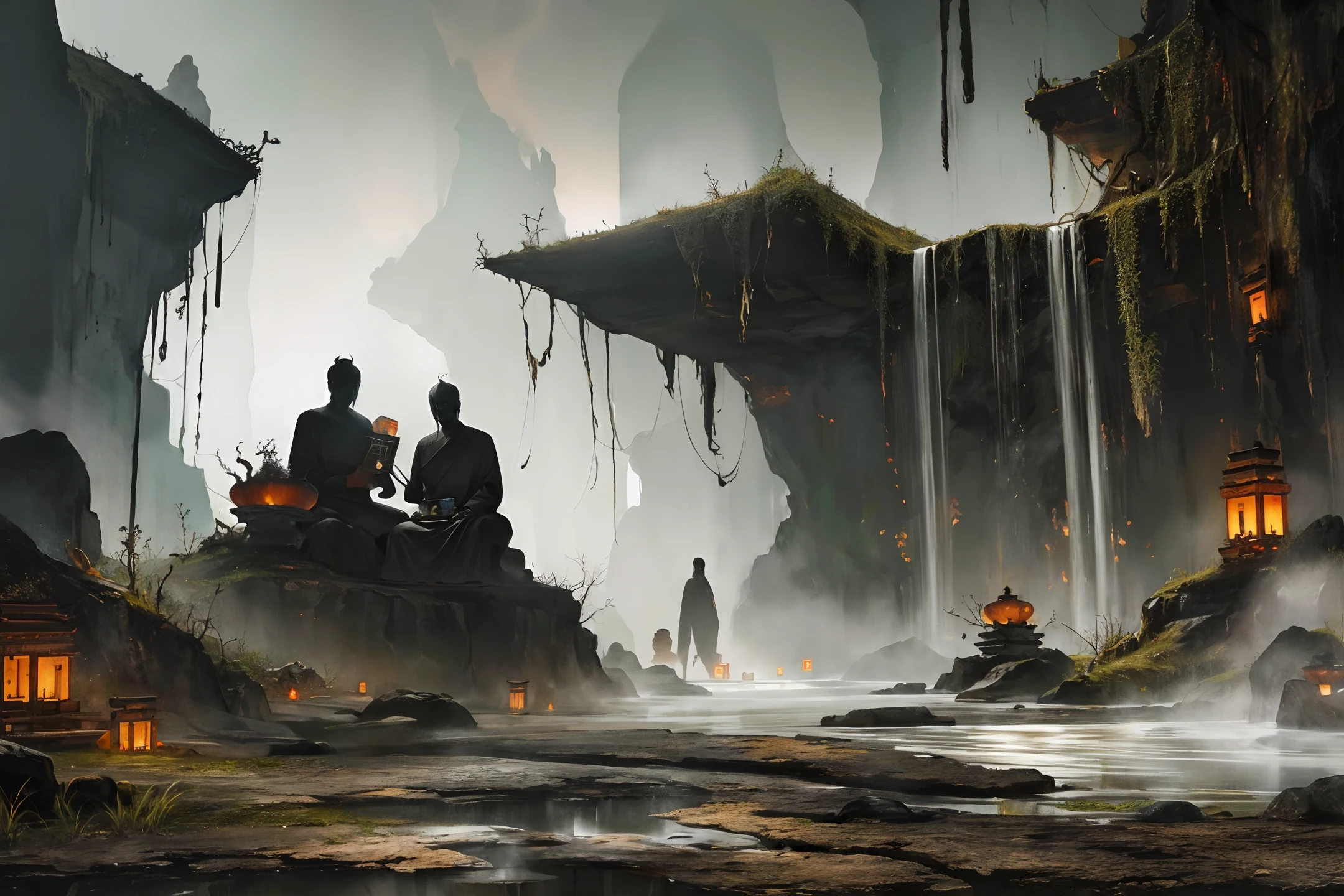Ancient Chinese landscapes, caves, (mysterious black fog), ink paintings, ((weird)), (dilapidated), glazed tiles, Buddha statues, absurd, realistic lighting, (abyss) masterpieces, high quality, exquisite graphics, high details,