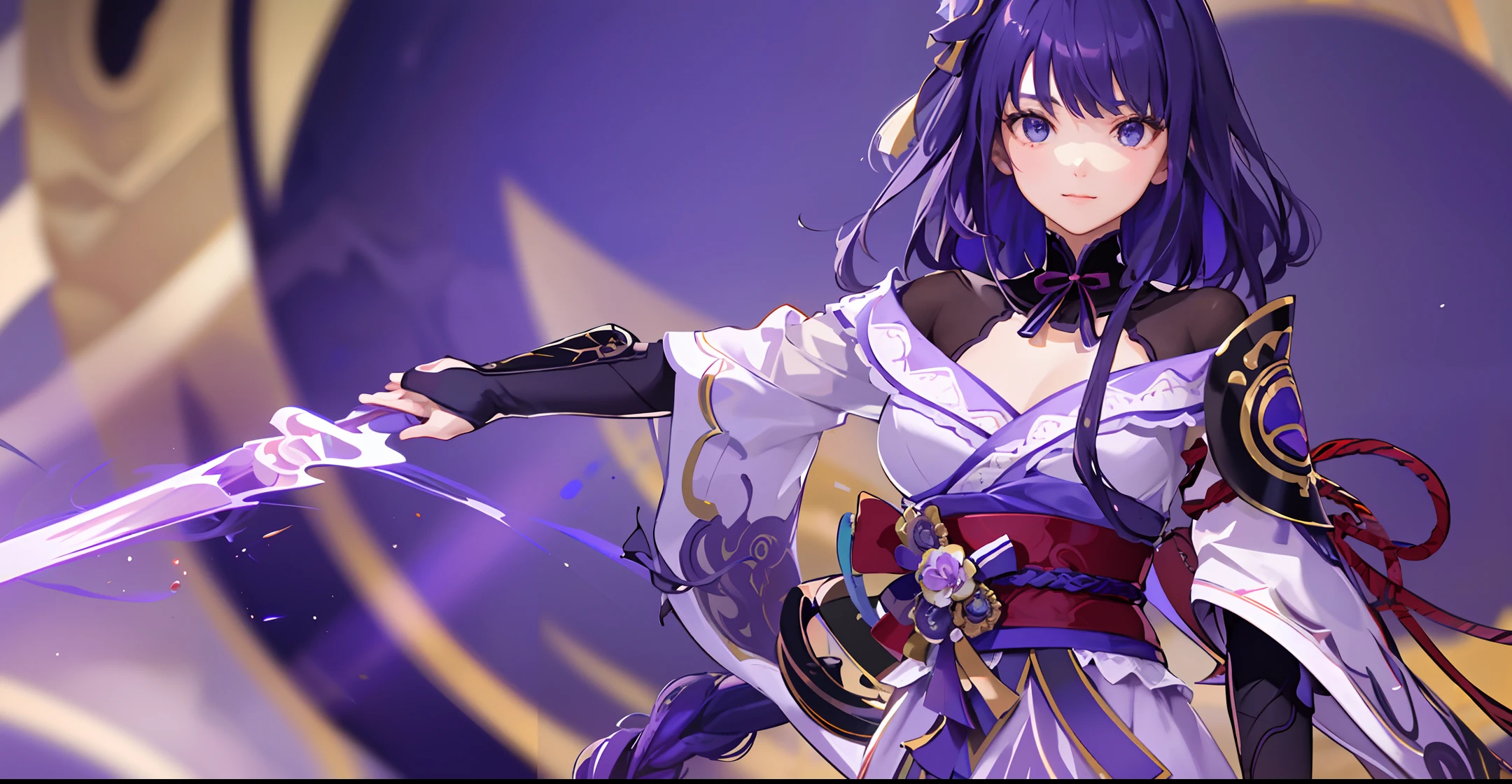 Masterpiece, Fine Color Touch: 1.2), High Contrast, (Illustration: 1.2), 1girl, Solo, (General Raiden: 1.4), Volumetric Lighting, Super Detailed, Beautiful, Small Details, Super Detailed, Best Quality, Complex, Sharp , detailed, realistic, complex, 4k, 8k, artstation trends, good anatomy, beautiful lighting, award winning, high resolution, (unity, 8k wallpaper: 1.1), beautiful face, highly detailed face, zoom out , Vibrant Colors, Vibrant Colors, (Glow: 1.4)