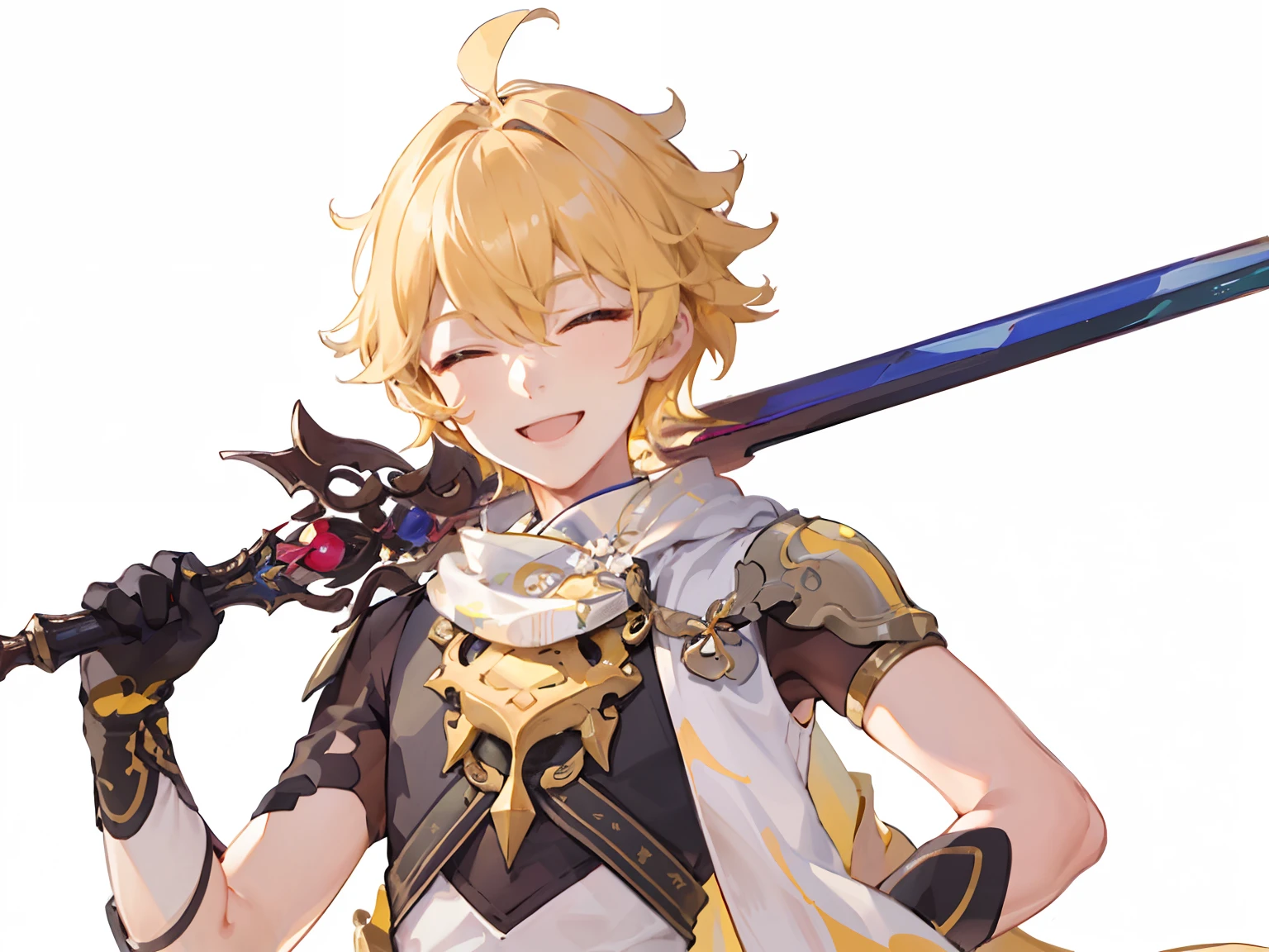 (Masterwork, Gongbi: 1.2), super detailed, illustration, boy, yellow hair, smiling with closed eyes, warm smile