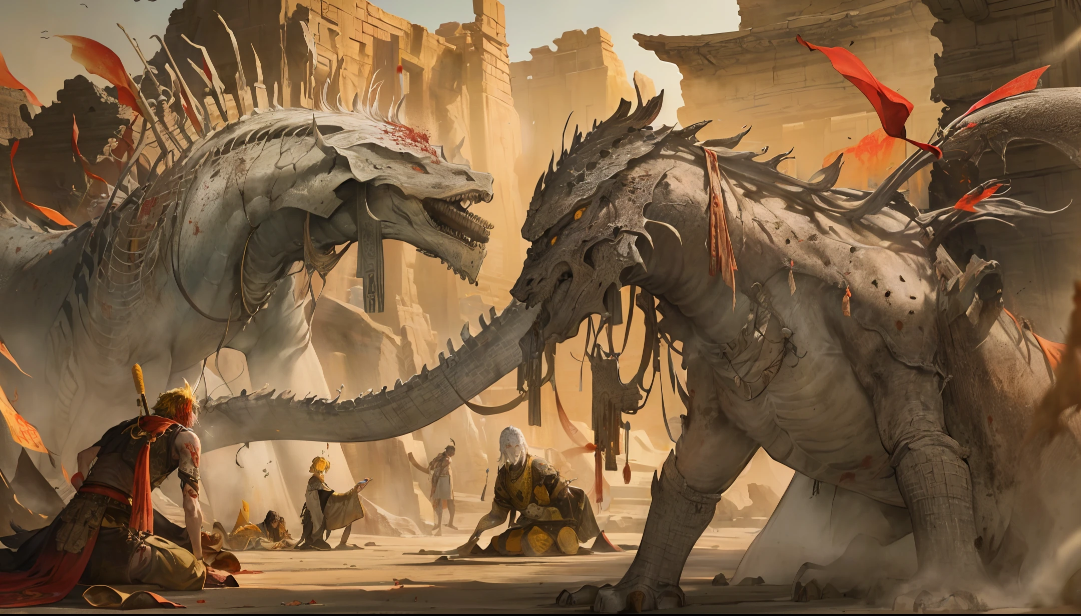 Ancient Chinese landscapes, (desert), (Dunhuang), ((desolate)), gray, ((monsters)),(Loulan ancient country), (yellow sand), ((white bones)), ((dried blood)), (prayer flags), No man's land, (ruins), absurdity, realistic lighting, (abyss) masterpiece, high quality, beautiful graphics, high detail,