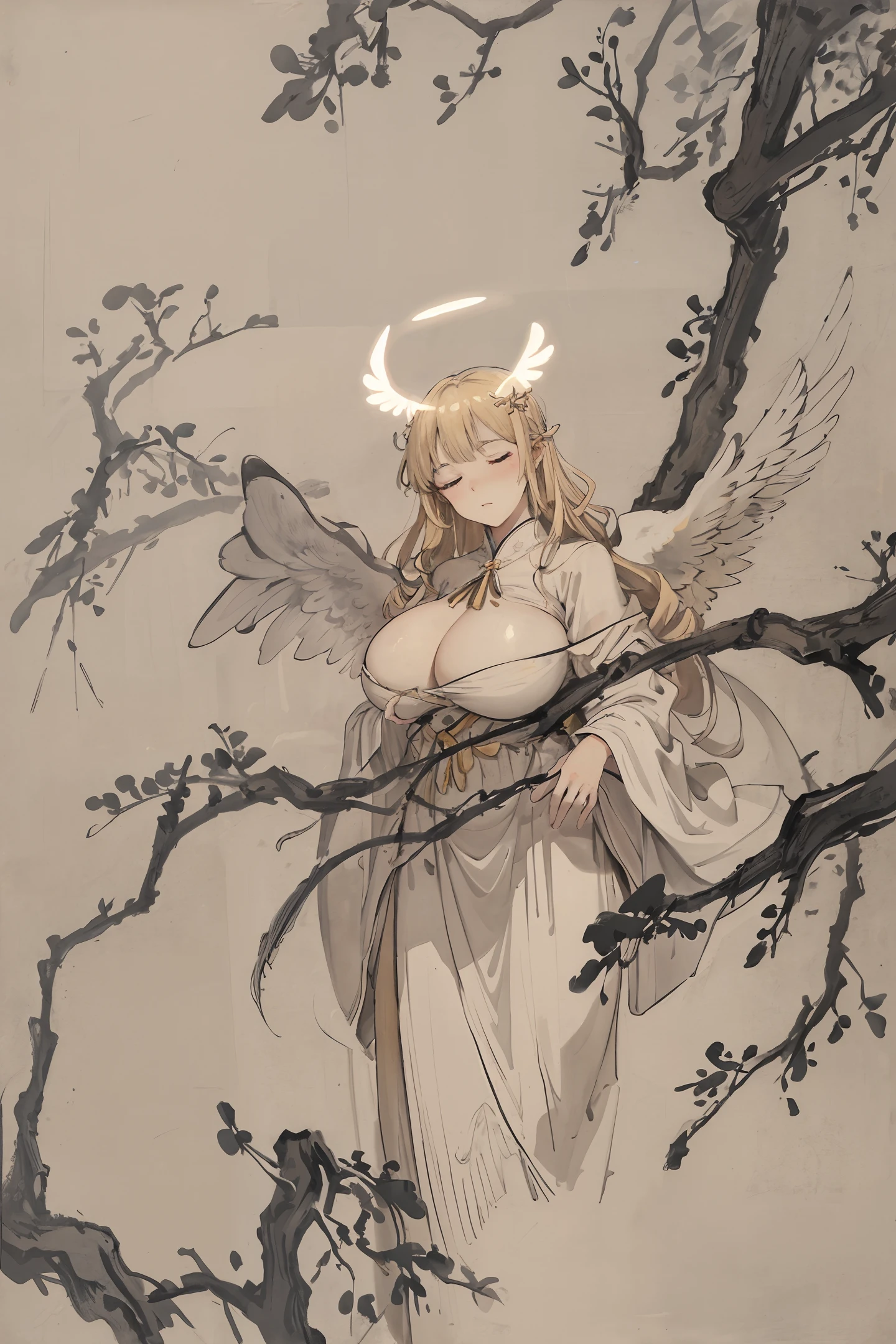 Long sleeve dress, (angel wings: 2), big wings, wavy caucasian, three breasts, realistic feathers, night, sideways, white robe, blonde, fat woman, angel wings, angel halo, big breasts, strong, Eyes closed, greek robe, mature mom, extreme, extreme, beauty, extreme woman, world savvy theater, Ultra Detraled, extreme, blonde, high resolution, extreme, 1Girl, Extreme E, illustration, watch with audience , Impasto, Canvas, Oil Painting, Realism, Realism, Realism, Realism,