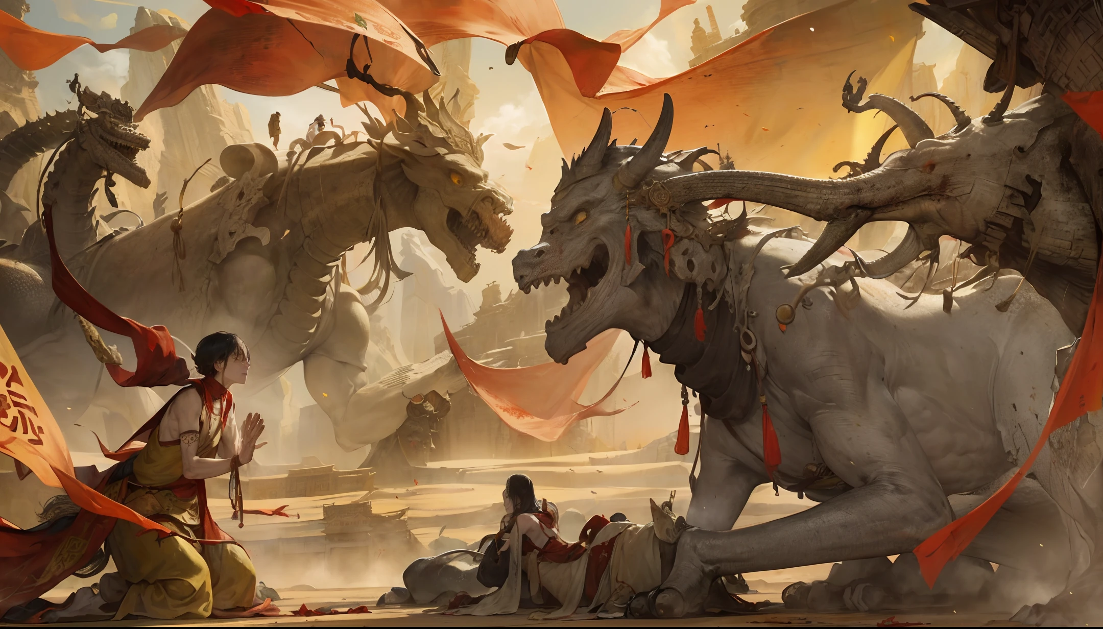 Ancient Chinese landscapes, (desert), (Dunhuang), ((desolate)), gray, ((monsters)),(Loulan ancient country), (yellow sand), ((white bones)), ((dried blood)), (prayer flags), No man's land, (ruins), absurdity, realistic lighting, (abyss) masterpiece, high quality, beautiful graphics, high detail,
