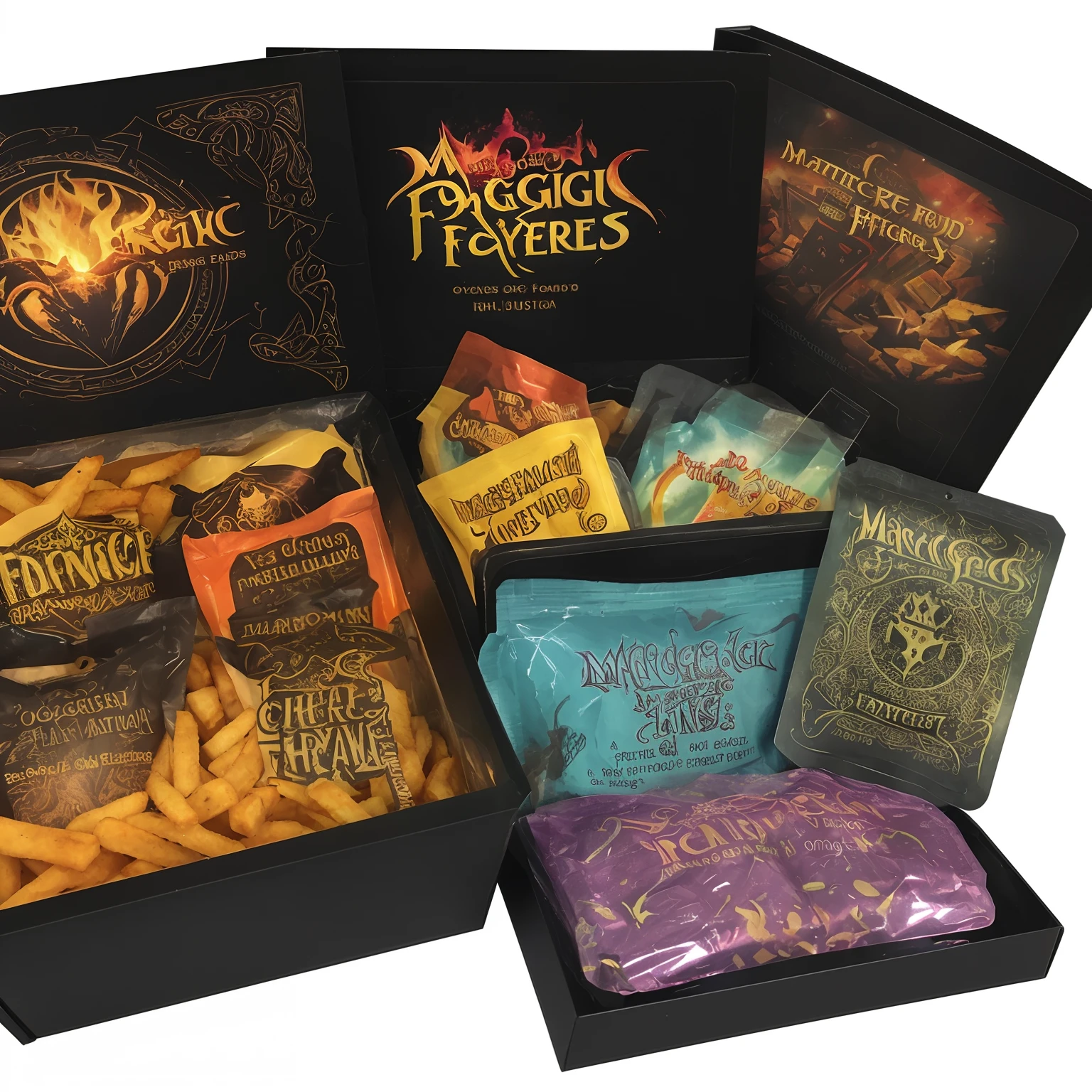 As a box of magic, the fries come in modern packaging adorned with magic fry-related text, fish and fries, product label drinks, black, yellow and orange, red, green, magic world symbols and patterns, lightning shapes, wand, and a golden dragon head. The prompt uses fonts that exude an ancient and mystical feel such as Gothic fonts. The product is called "Magic Fries," flavored with "Forbidden Forest" and packed in a gemstone box along with magic cards and mini wands.