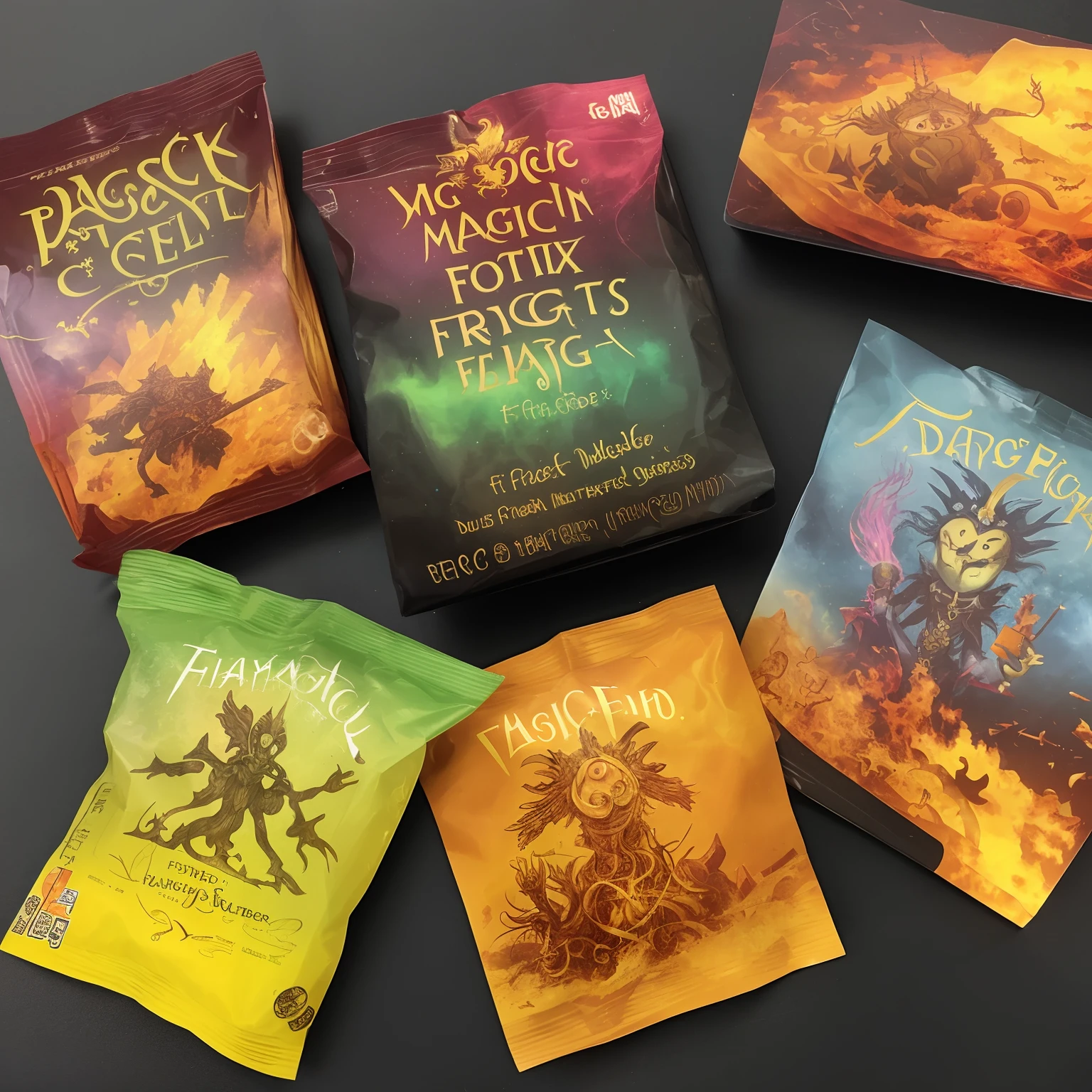 As a box of magic, the fries come in modern packaging adorned with magic fry-related text, fish and fries, product label drinks, black, yellow and orange, red, green, magic world symbols and patterns, lightning shapes, wand, and a golden dragon head. The prompt uses fonts that exude an ancient and mystical feel such as Gothic fonts. The product is called "Magic Fries," flavored with "Forbidden Forest" and packed in a gemstone box along with magic cards and mini wands.