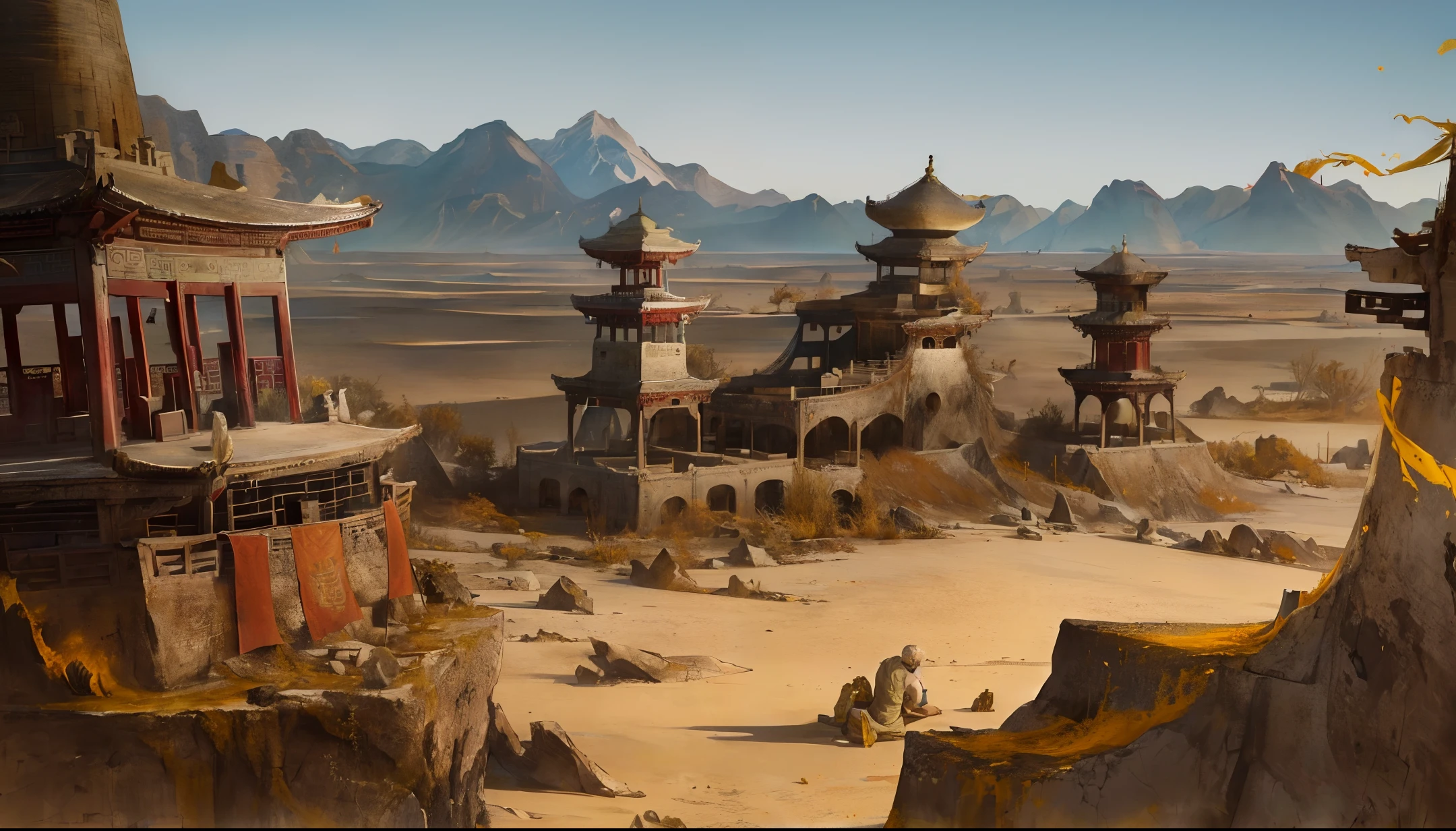 Ancient Chinese landscapes, (desert), (Dunhuang), ((desolate)), gray, ((monsters)),(Loulan ancient country), (yellow sand), ((white bones)), ((dried blood)), (prayer flags), No man's land, (ruins), absurdity, realistic lighting, (abyss) masterpiece, high quality, beautiful graphics, high detail,