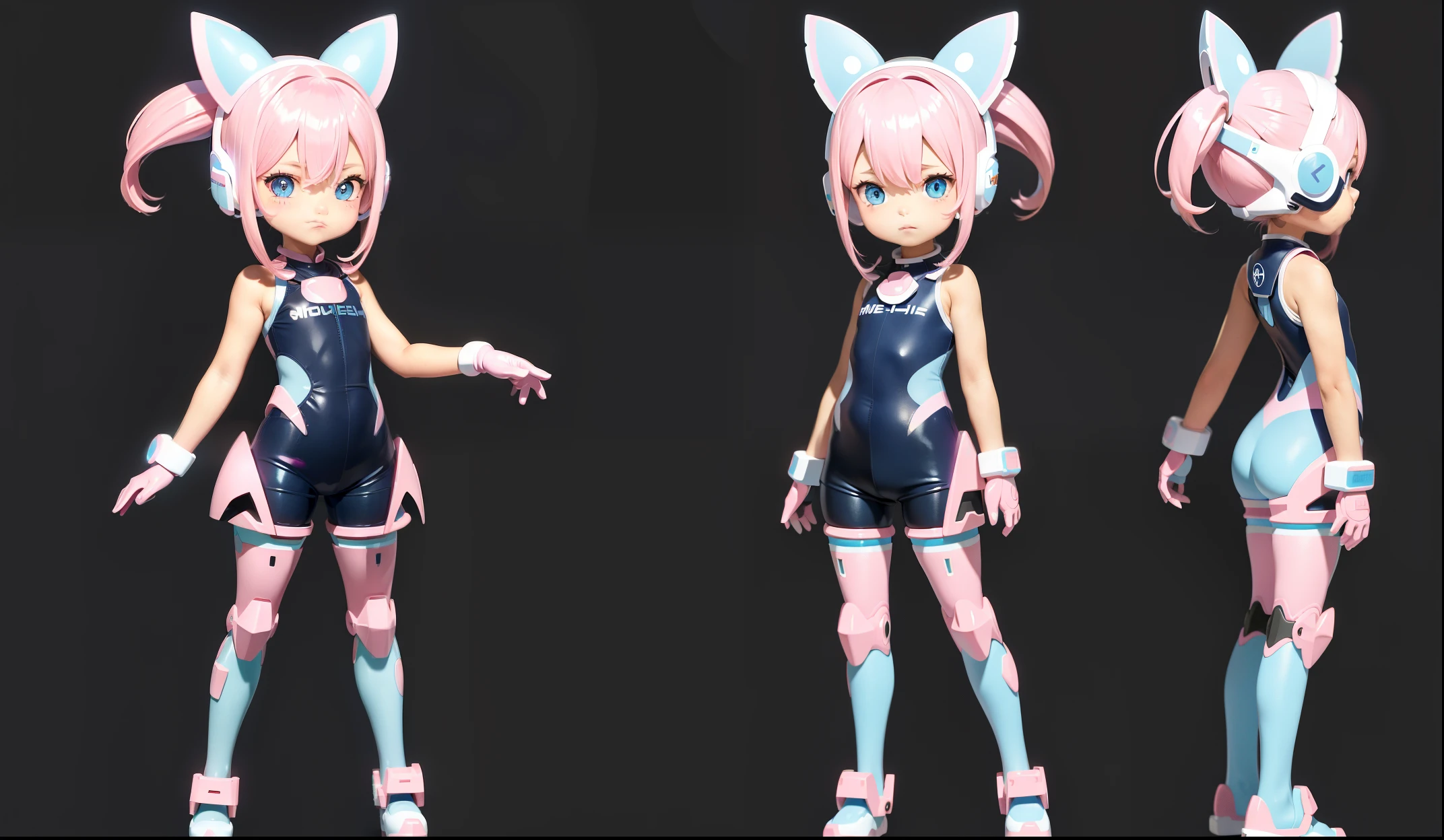 (Same character, front, side, back), simple background! , (full body) girl, blue-pink gradient hair, exaggerated hairstyle, big pink-blue eyes, mecha-style clothing, one-piece shorts, white-pink style, high-tech helmet, huge bow, stockings