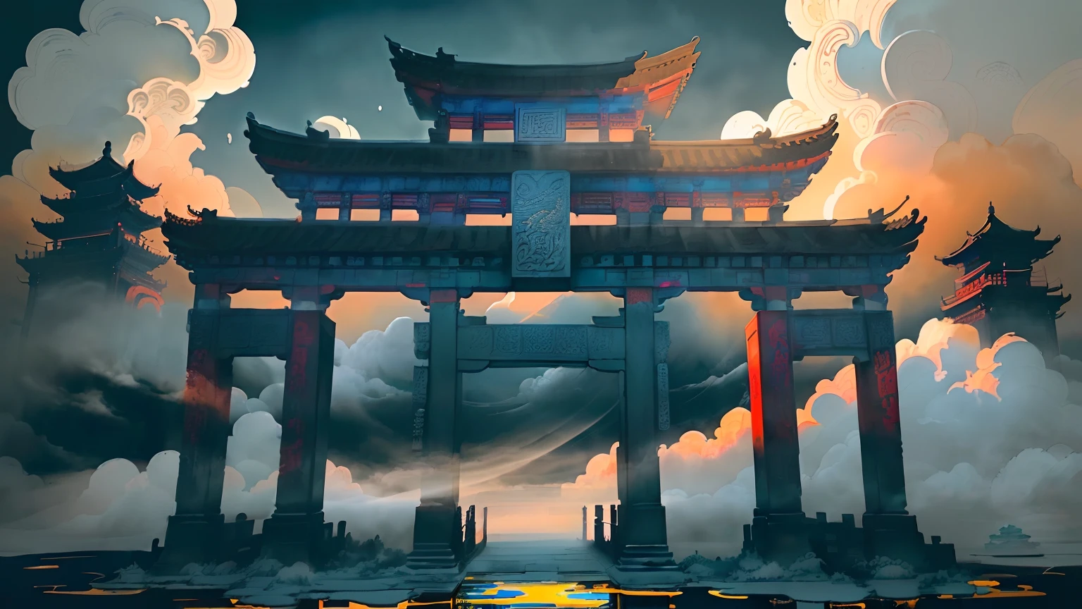 The game scene, the majestic ancient Chinese archway gate is located above the clouds, and the gate says Nantianmen (the gate shrouded in clouds and fog), majestic, glazed tiles, Buddha statues, colorful rays of light, ((color Ink wash painting)),((ink splashing)),(((ink splashing))),((sketch)), Masterpiece,best quality, beautifully painted,highly detailed