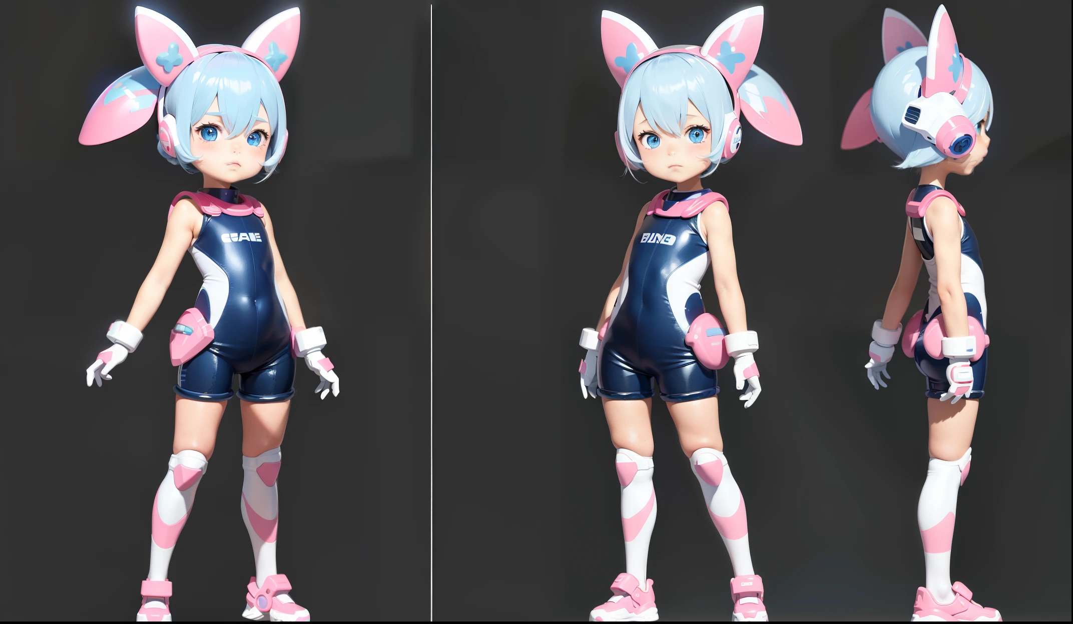 (Same character, front, side, back), simple background! , (full body) little girl, blue-pink gradient hair, exaggerated hairstyle, big pink-blue eyes, space suit, one-piece shorts, white pink style, high-tech helmet, huge bow, bare legs
