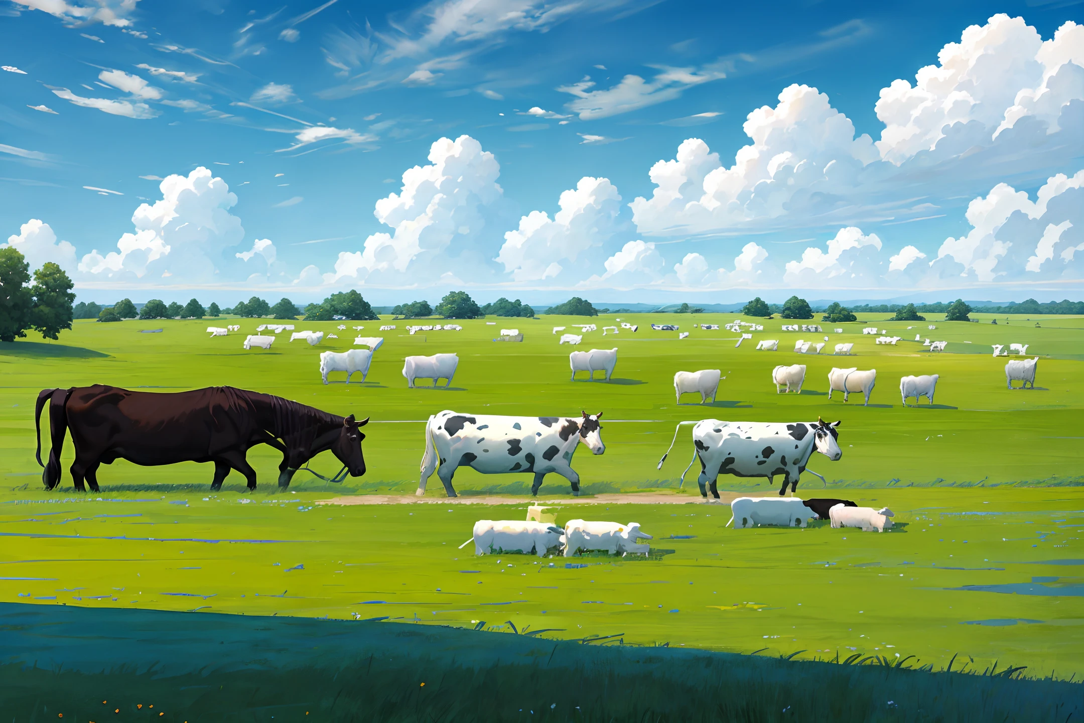 blue sky, white clouds, cows, pasture