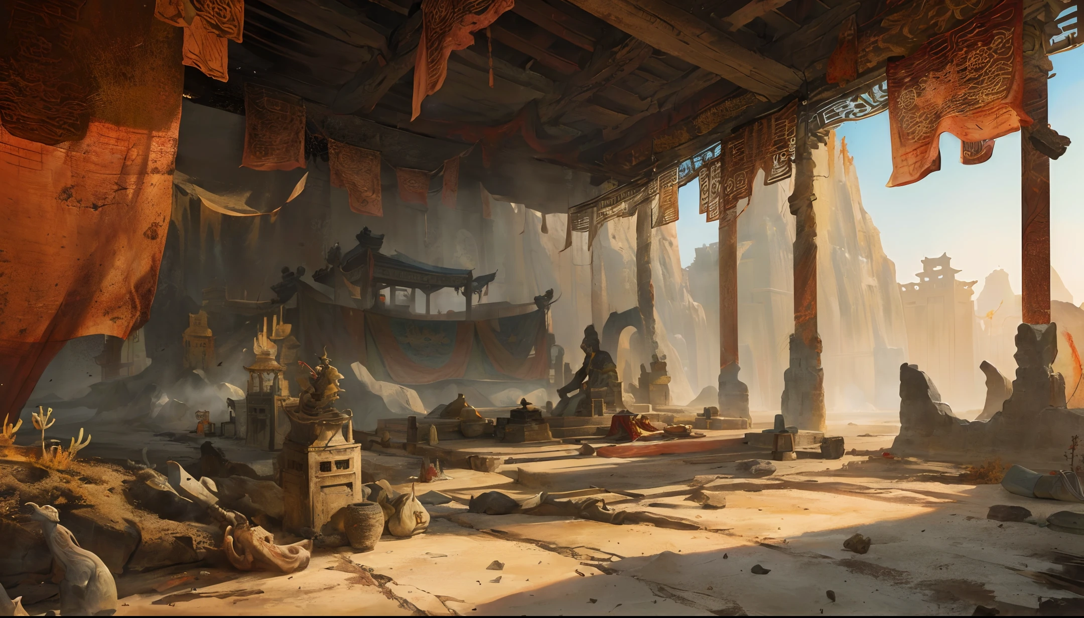 Ancient Chinese landscapes, ((ancient monsters)), (desert), (Dunhuang), ((desolate)), gray,(Loulan ancient), (yellow sand), ((white bones)), ((dried blood)), (prayer flags), (ruins), absurdity, realistic lighting, (abyss) masterpiece, high quality, beautiful graphics, high detail,