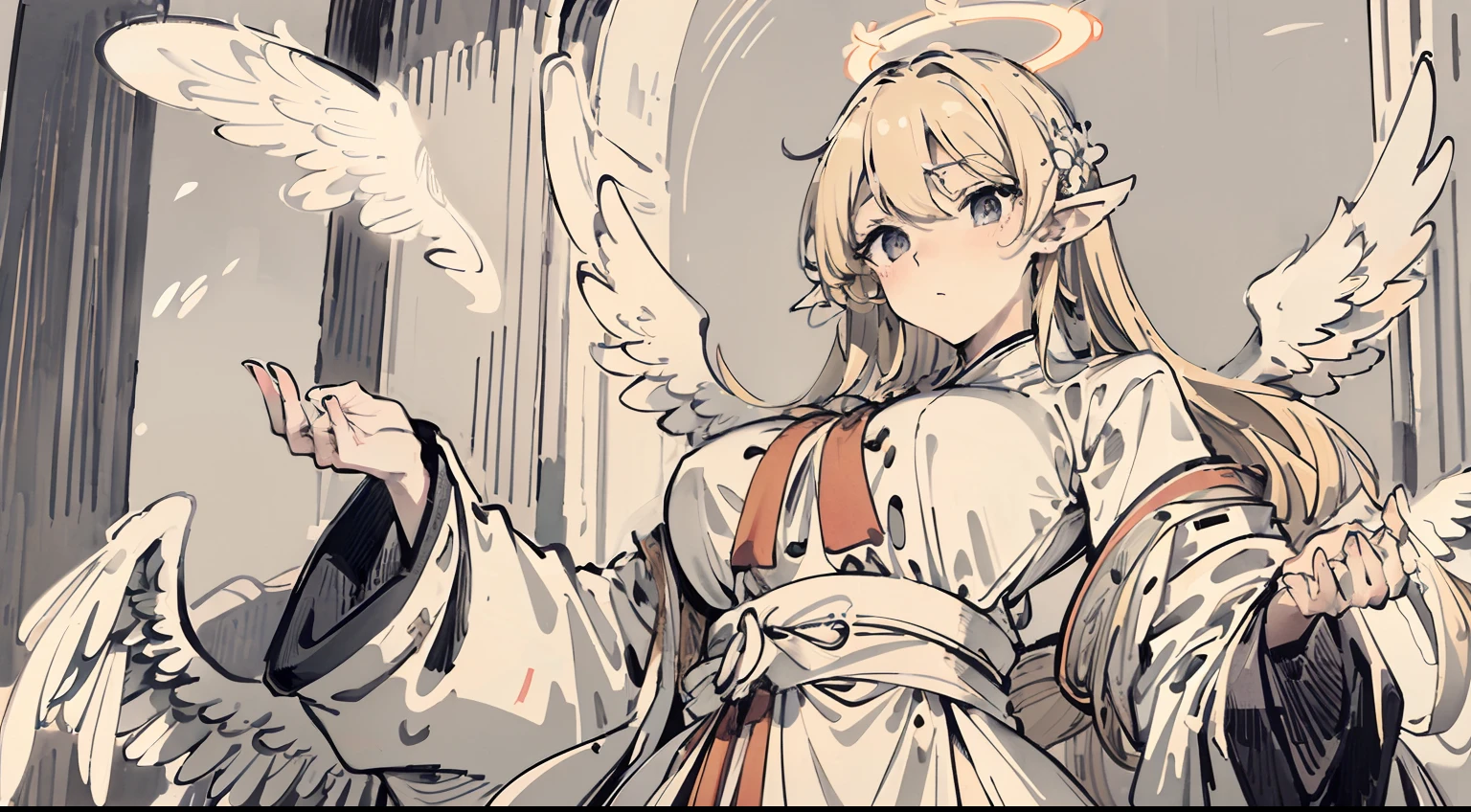 Masterpiece, 8k. Exquisite and smooth [Large viewing angle: 66] Big breasts Big breasts Long-sleeved dress (Angel wings: 2 pieces) Big wings Wavy white three-breasted buttons Realistic Naito Yu sideways White robe Blonde fat female angel wings Angel halo Big breasts Big eyes Greek robe Mature superb beauty supreme World Psychic Theater Colorless Supreme Blonde HD Supreme 1 Female Supreme E