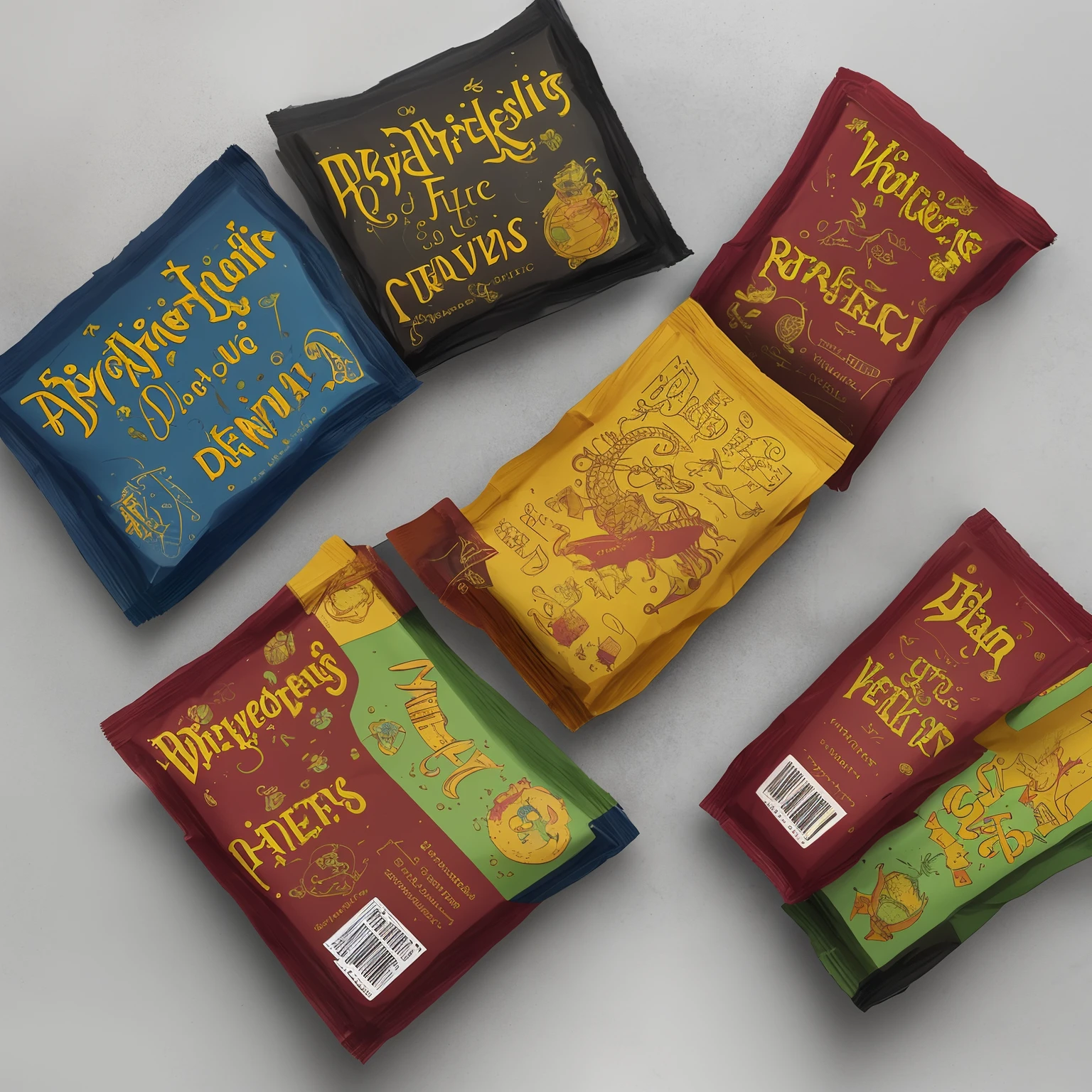 "Experience the magic of 'Wizard's Fries' with a modern packaging design featuring vibrant orange and pineapple flavors, black, yellow, orange, and red color scheme, and a product label inspired by your favorite potion. Set in the enchanting Diagon Alley, embrace the whimsical nature of your meal with the Golden Dragon, Flying Thief, magic wand, spellbook, treasure chest, and the quirky Bertie Bott's Every Flavour Beans. Using a Harry Potter-esque font and gothic typography, indulge in the ultimate wizarding experience with every bite of 'Wizard's Fries'."