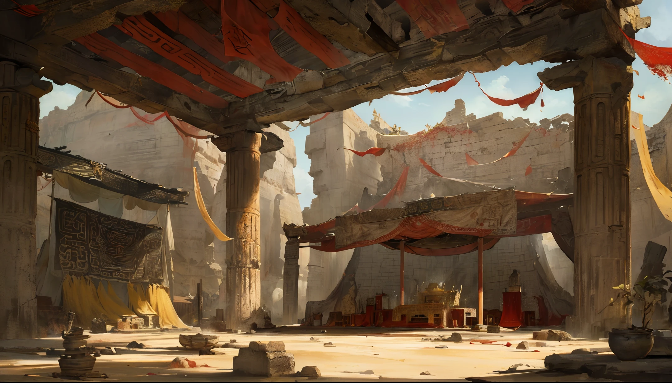 Ancient Chinese landscapes, ((ancient monsters)), (desert), (Dunhuang), ((desolate)), gray,(Loulan ancient), (yellow sand), ((white bones)), ((dried blood)), (prayer flags), (ruins), absurdity, realistic lighting, (abyss) masterpiece, high quality, beautiful graphics, high detail,
