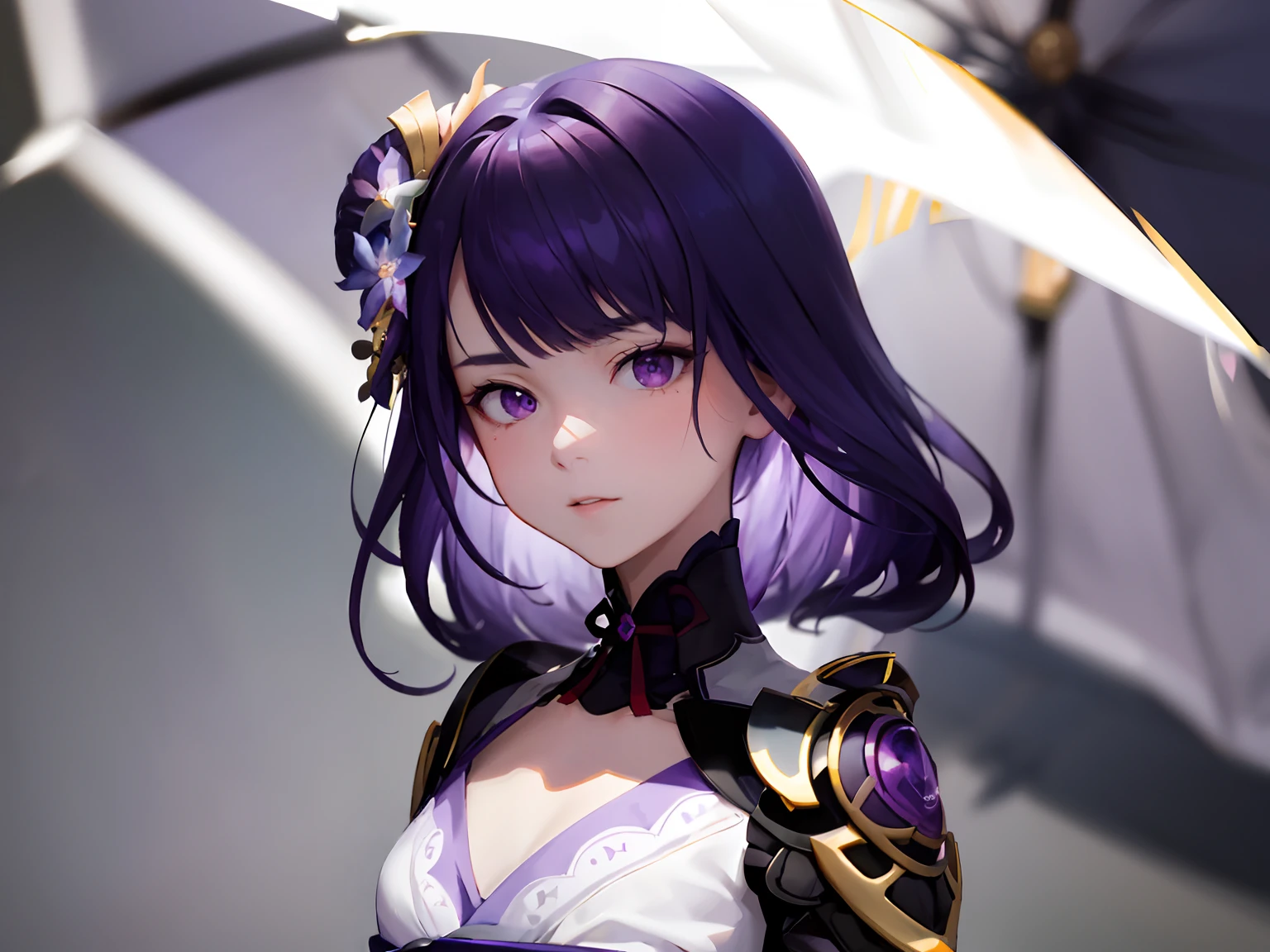 (Masterwork, Gongbi: 1.2), super detailed, illustration, girl, purple hair, serious expression