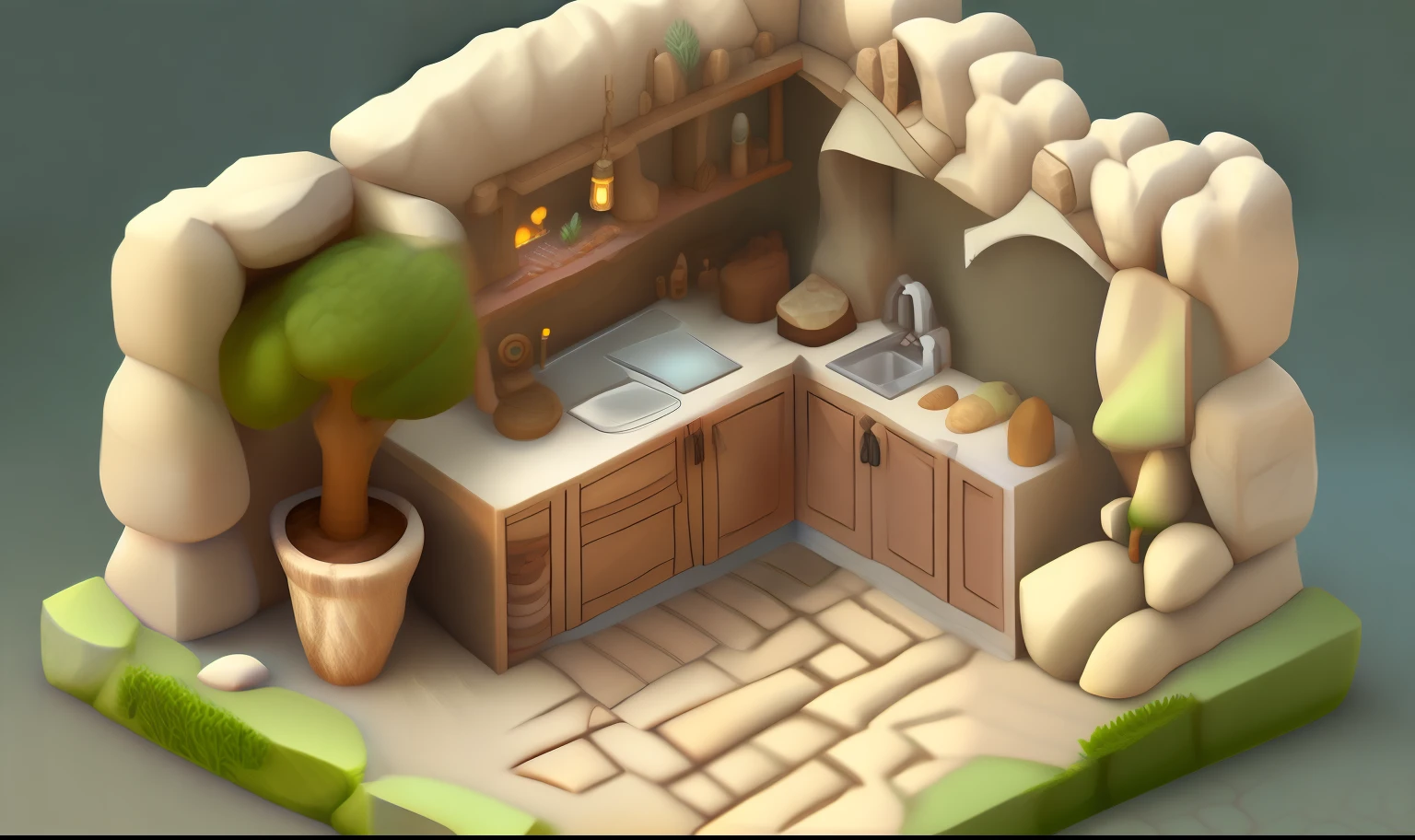 Isometric room, cartoon, Primitive Man,Stone age style indoor kitchen, vines, thorns, wood, stone, game asset style, ((Low polygon)), isometric, white background, flat, 3D rendering, oc rendering, best quality, 4k, hand painted, intricate design