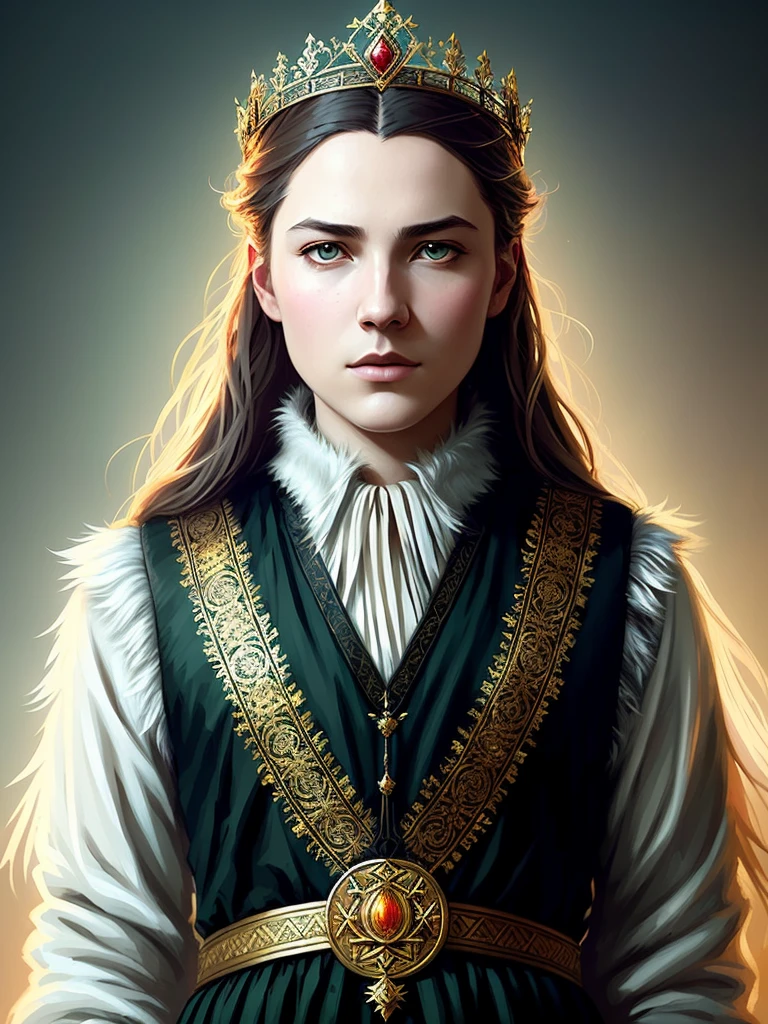 (Best Quality, Masterpiece Portrait, Full Body Portrait, Coordinated Head to Body Ratio, Intricate Details, Epic Lighting, Fantasy, Dungeons & Dragons, Vintage, Emperor, Human, 1 Slavic, Palace, Regal, Wearing Fur Coats and Close-up portrait of a crown, surreal, volumetric lighting, concept art, brushstroke style, ArtStation, trending, very detailed, inspired by Greg Rutkowski's art).