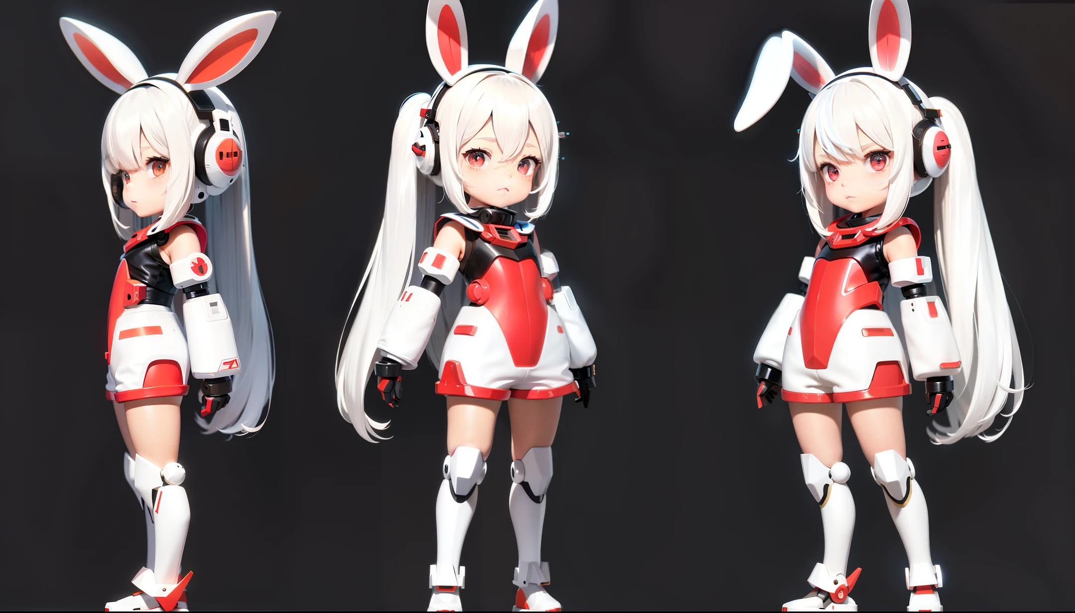 (Same character, front, side, back), simple background! , (full body) girl, white hair, exaggerated hairstyle, rabbit headdress, big red eyes, mech suit, short shorts, blue pink style, high-tech helmet, bare legs