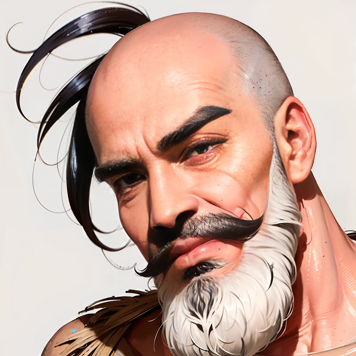 One of the best works, ((unibrow)), energetic old oriental man, (((no beard))), ((bald with three thick straight hairs on top of head)), (realistic)