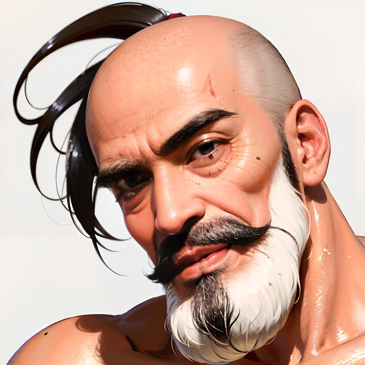 One of the best works, ((unibrow)), energetic old oriental man, (((no beard))), ((bald with three thick straight hairs on top of head)), (realistic)