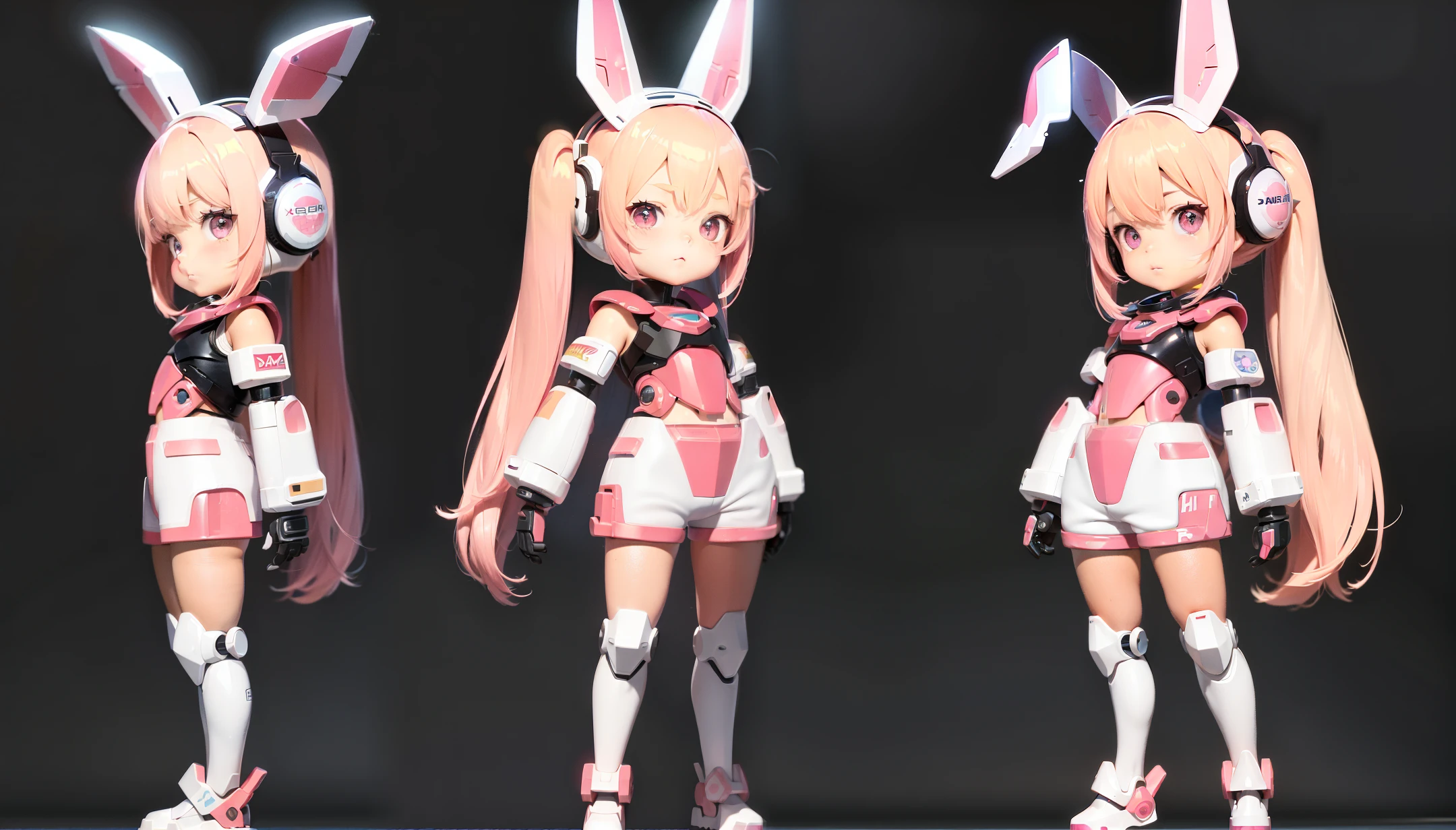(((same character, front, side, back))), simple background! , (full body) girl, pink hair, exaggerated hairstyle, big eyes, mecha suit, shorts, blue pink style, high-tech helmet, bare legs
