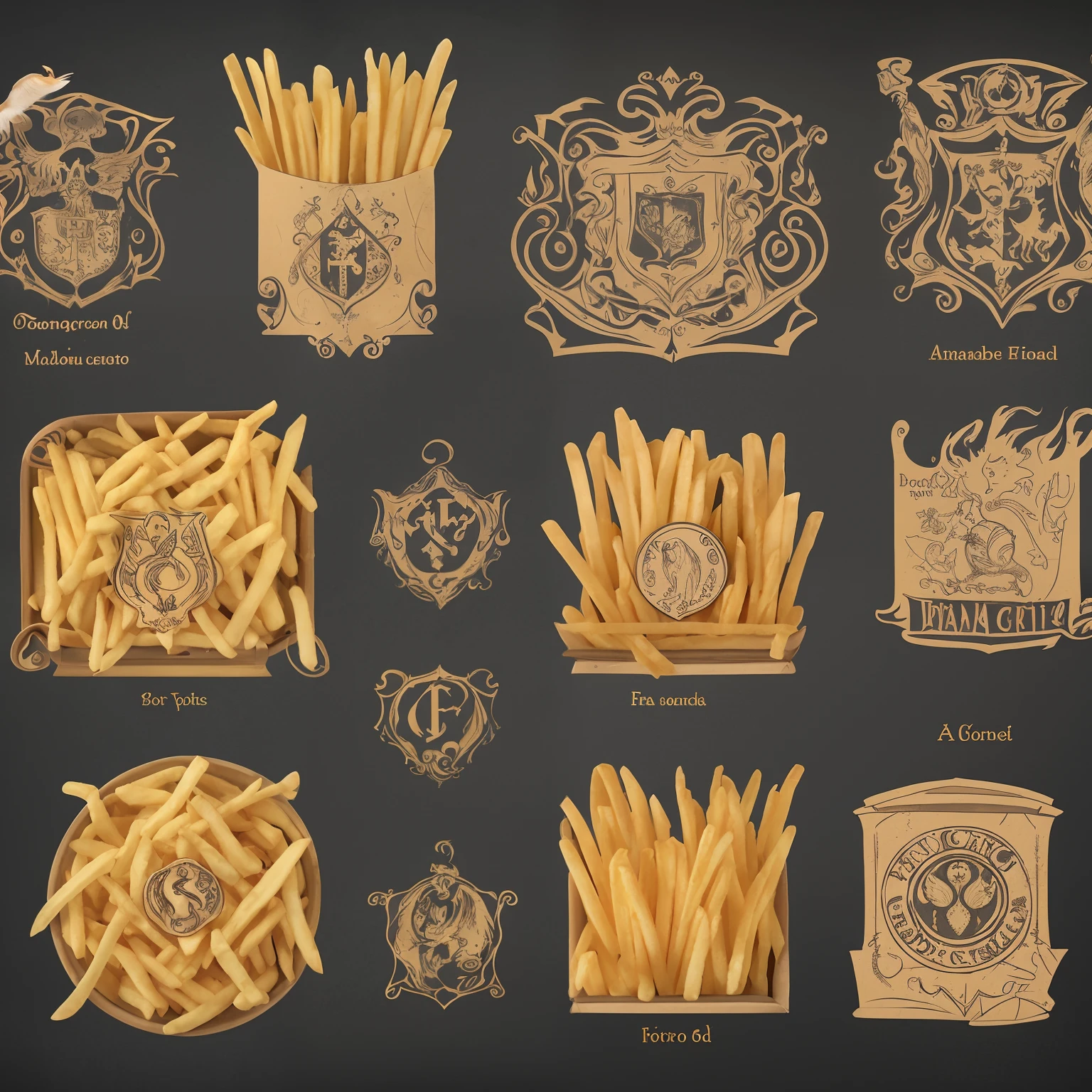 As French fries packaging, carton, magic world, black and gold, magic wand, wizard hat, owl, golden snitch and other iconic elements, magic book form, foldable, reversible and other structures, the representative colors of the four colleges, Sri Wagon fonts, Gothic fonts, magic rune patterns, mysterious and ancient fonts, text descriptions such as &quot;Magic French Fries&quot;, &quot;Wizard&#39;s Food&quot;, etc., Hogwarts four colleges