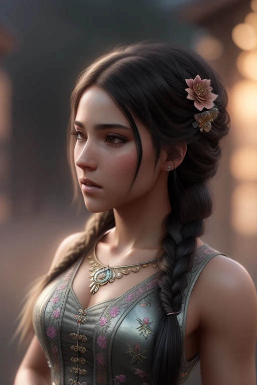 (super detailed), high resolution 8k wallpaper, best quality, full body, a beautiful young caucasian woman, black hair, two braids, (highly detailed hair: 1.4), smoke, fog, (dark forest: 1.1) , bokeh, faded, neutral colors, (hdr: 1.5), ((pastel colors)), colorful dress, floral decoration, dress, fantasy style, intricate scene, artstation, super detailed, dramatic lighting, intricate Detail, [Vignette], Intricate Background, ( (((Movie Look)))), Soothing Tones, Intricate Detail, Ultra Detail, Stone Gray Mood, (Wide Angle), Realistic, Sharp focus, beautiful lips