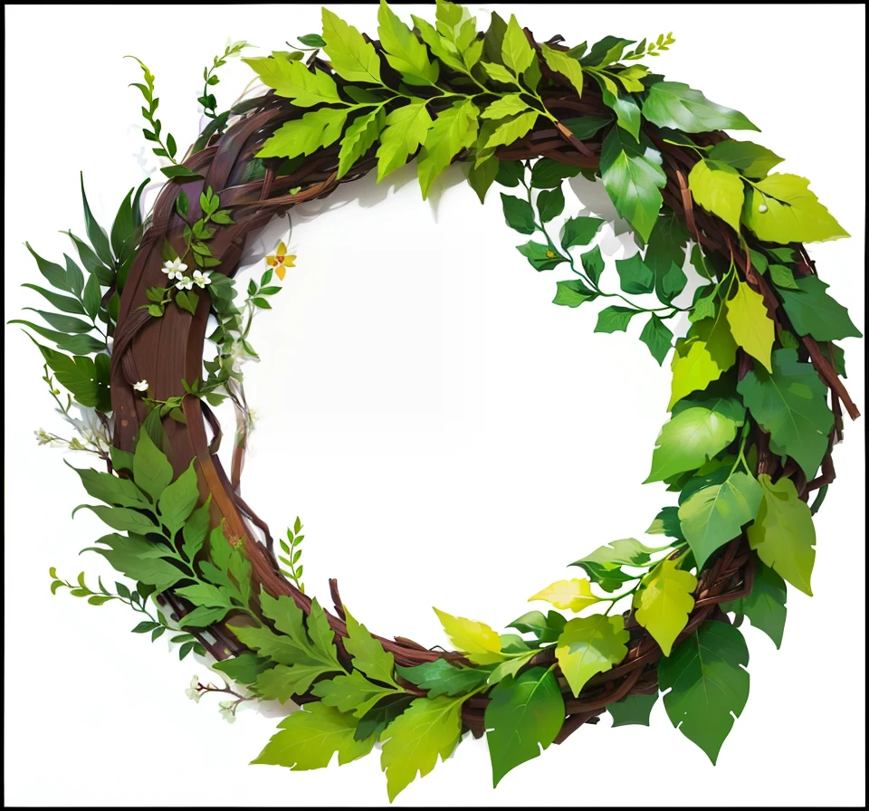 A close-up shot of a leafy floral wreath on a white background with digital rendering inspired by Masamitsu Ōta, pixels, and hurufiyya. Featuring a laurel wreath with ferns, wearing a laurel wreath, and adorned with a grapevine art illustration by an illustrator. Created using leafy tree leaves as the artistic medium.