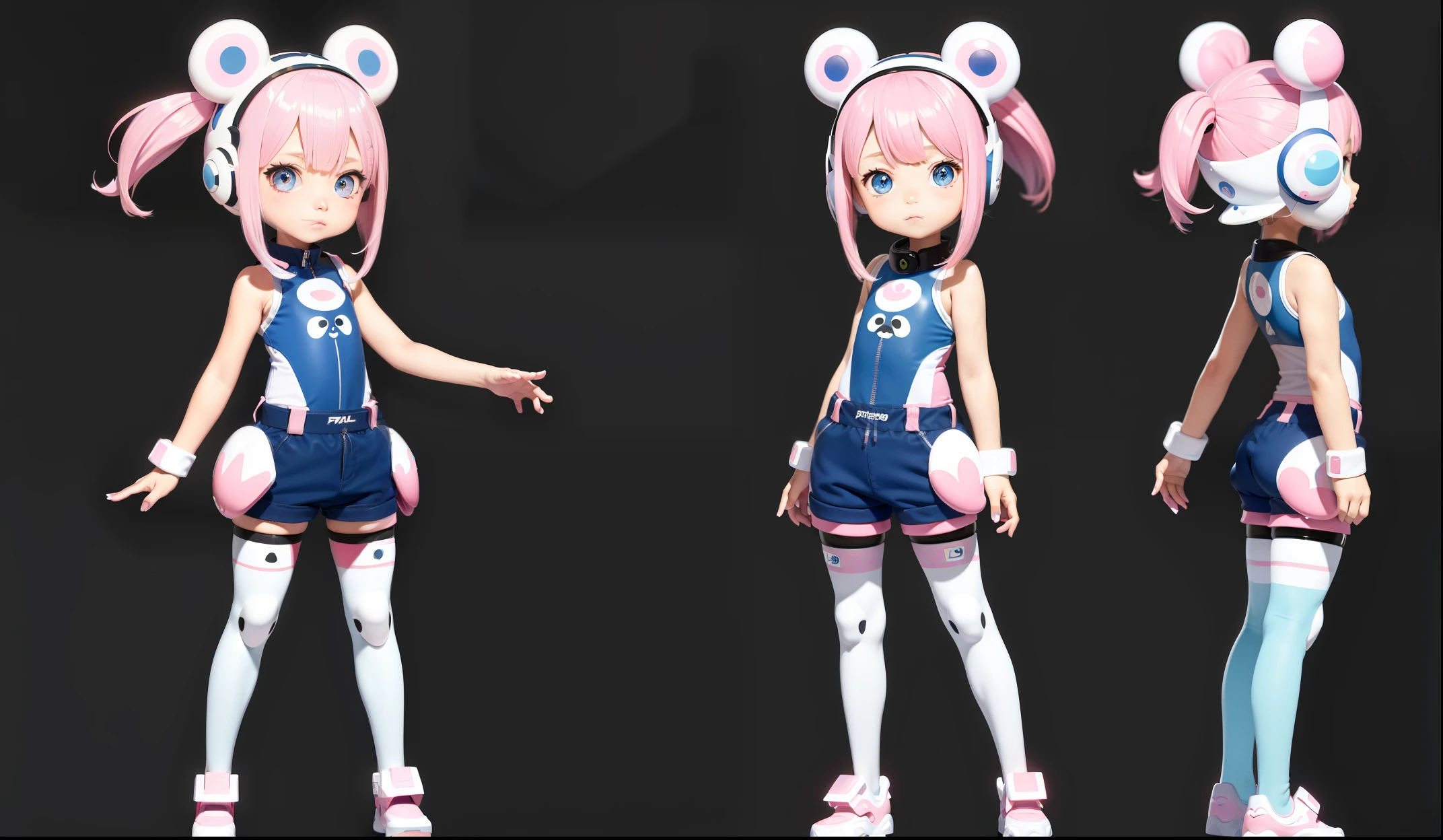 (Same character, front, side, back), simple background! , (full body) girl, blue-pink gradient hair, exaggerated hairstyle, pink-blue big eyes, mecha-style clothing, one-piece shorts, white-pink style, panda helmet, stockings