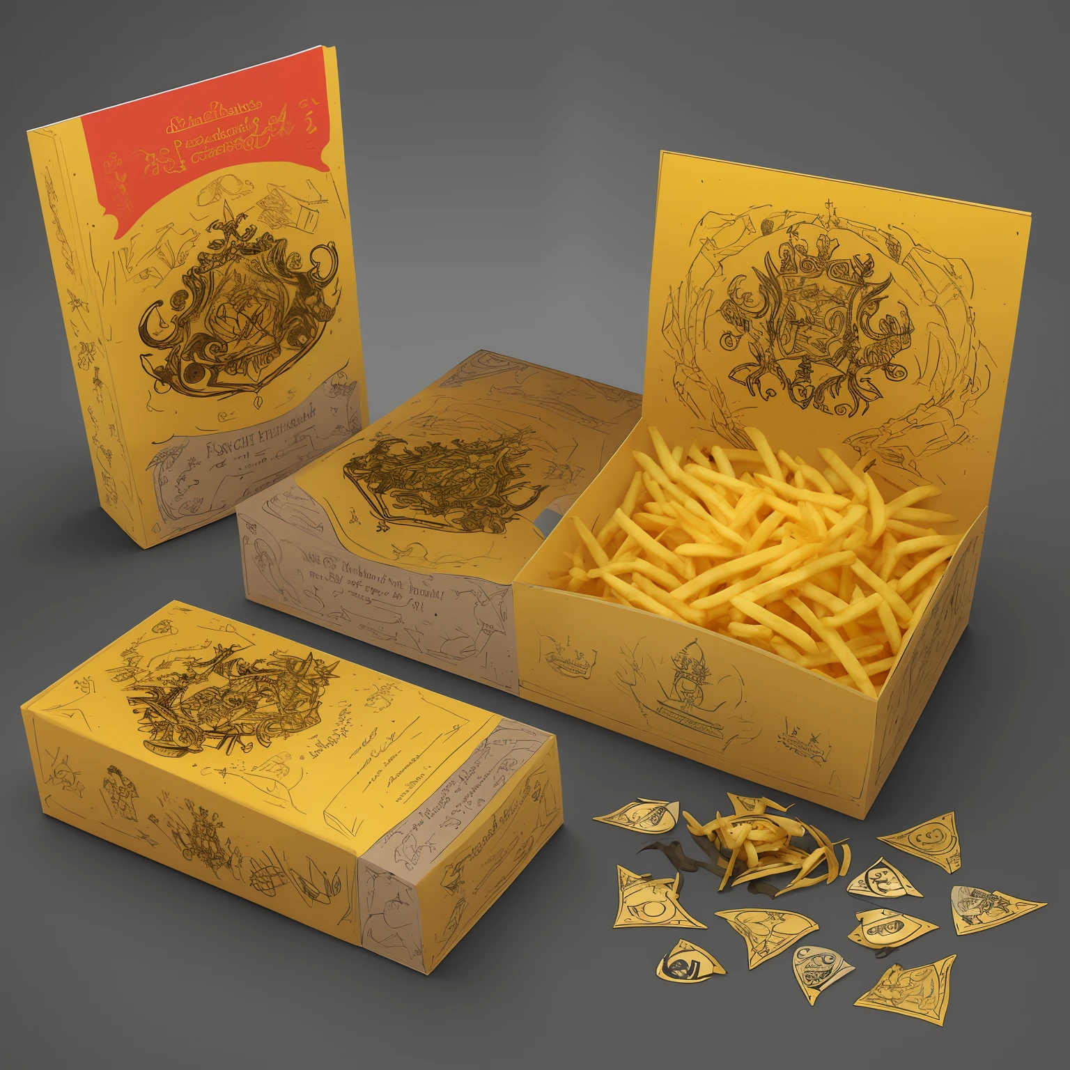 As French fries packaging, carton, magic world, black and gold, magic wand, wizard hat, owl, golden snitch and other iconic elements, magic book form, foldable, reversible and other structures, the representative colors of the four colleges, Sri Wagon fonts, Gothic fonts, magic rune patterns, mysterious and ancient fonts, text descriptions such as "Magic French Fries", "Wizard Food", Hogwarts,