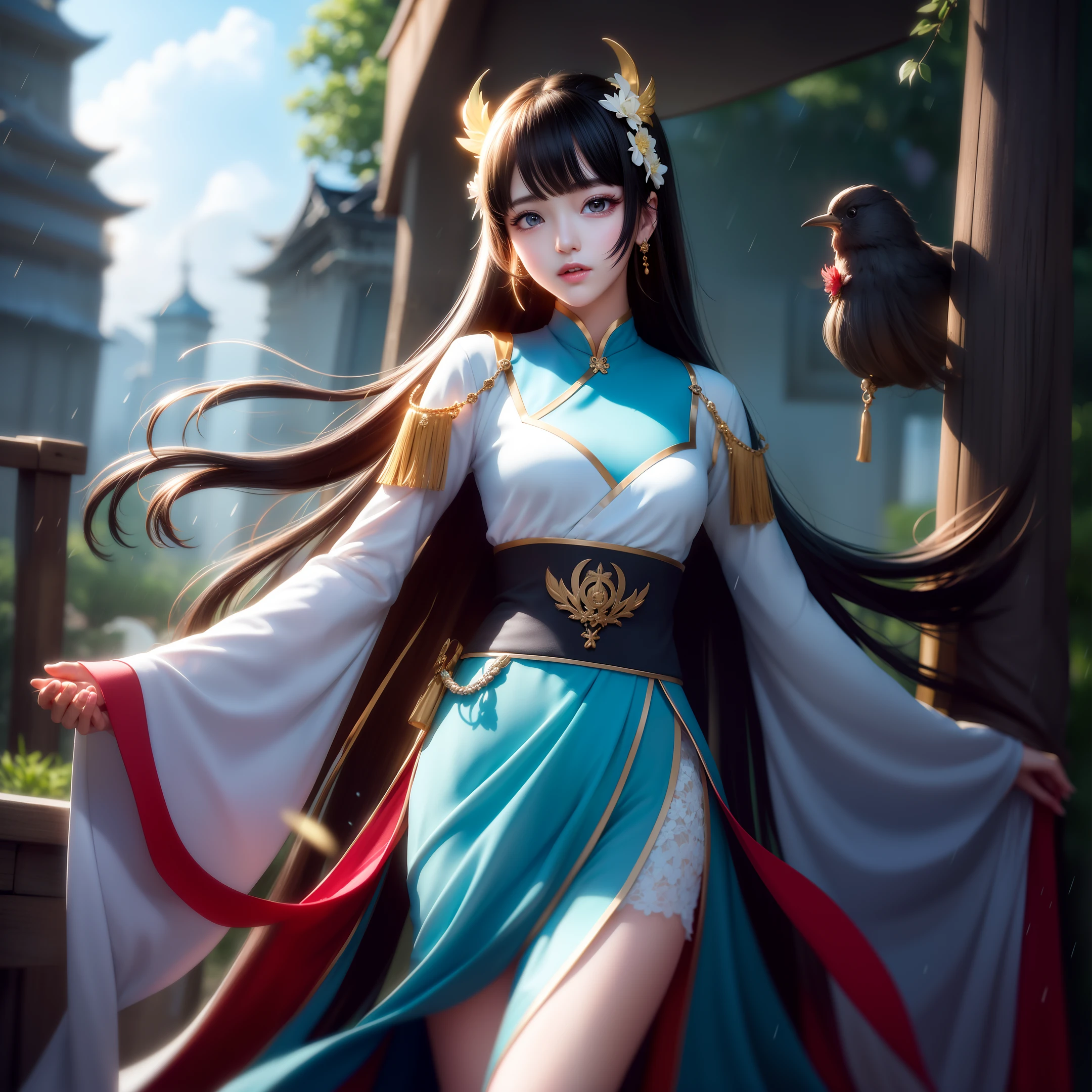 (8k, RAW photo: 1.2), Best Quality, Super High Resolution, Dramatic Angle, (Floating Detailed Color Splash), (Illustration), (((1 Girl))), (Long Hair), ( Rain: 0.9), （头饰：1.4），少女在空中飞舞，身形灵动，少女身边有一座古老的宫殿，（（（汉服））），手拿长剑（蓝色发光）（重点），彩墨画，（泼彩）， splash Color,((colorful)) ,( ((cool colors))),(((Tang dinasty)))(sketch:0.8), Masterpiece, best quality, beautiful painted, highly detail,(denoising:0.6),[抗墨水], ((墨水折射)), (美丽详细的天空), moon, height, detailed, (masterpiece, best quality, extremely detailed CG unity 8k wallpaper, masterpiece, best quality, super detailed), (lycoris) ,building ，（闪烁蓝光），上身裹着丝绸，