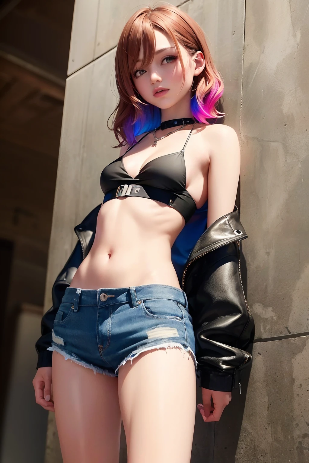 ((medium breasts, tomboy, small head)), (cut belly: 1.1), (perfect body: 1.1), (short wavy hair: 1.2), auburn hair, collar, chain, full body, crowded street, wearing black vest , denim jacket, ((shorts)), (extremely detailed CG 8k wallpaper), (extremely delicate and beautiful), (masterpiece), (best quality: 1.0), (ultra high resolution: 1.0), beautiful lights, Perfect lightning, realistic shadows, [high resolution], detailed skin, super detailed (((colorful)))