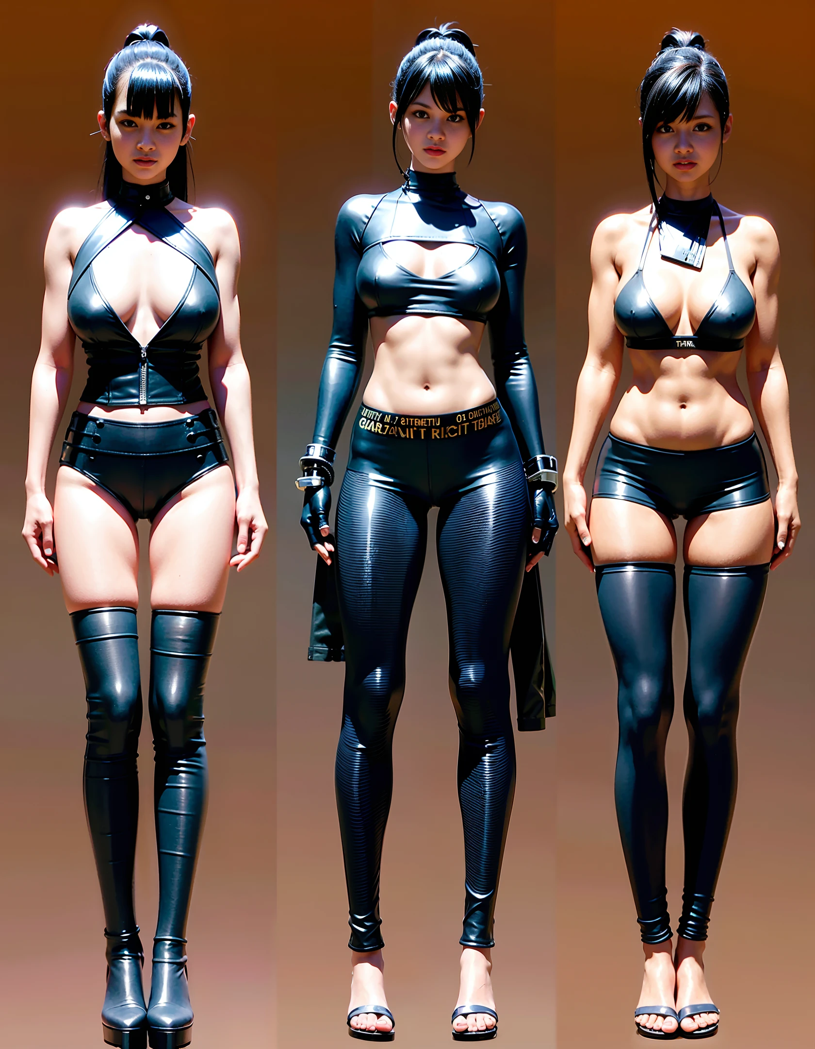 Ultra-realistic ultra-detailed 8k RAW photos, realistic cyberpunk elements, best quality, ultra-high resolution, exquisite body, black long ponytail, leather clothing, ragged clothes, big breasts, seductive human girl cleavage, bikini, bare lower body , barefoot.