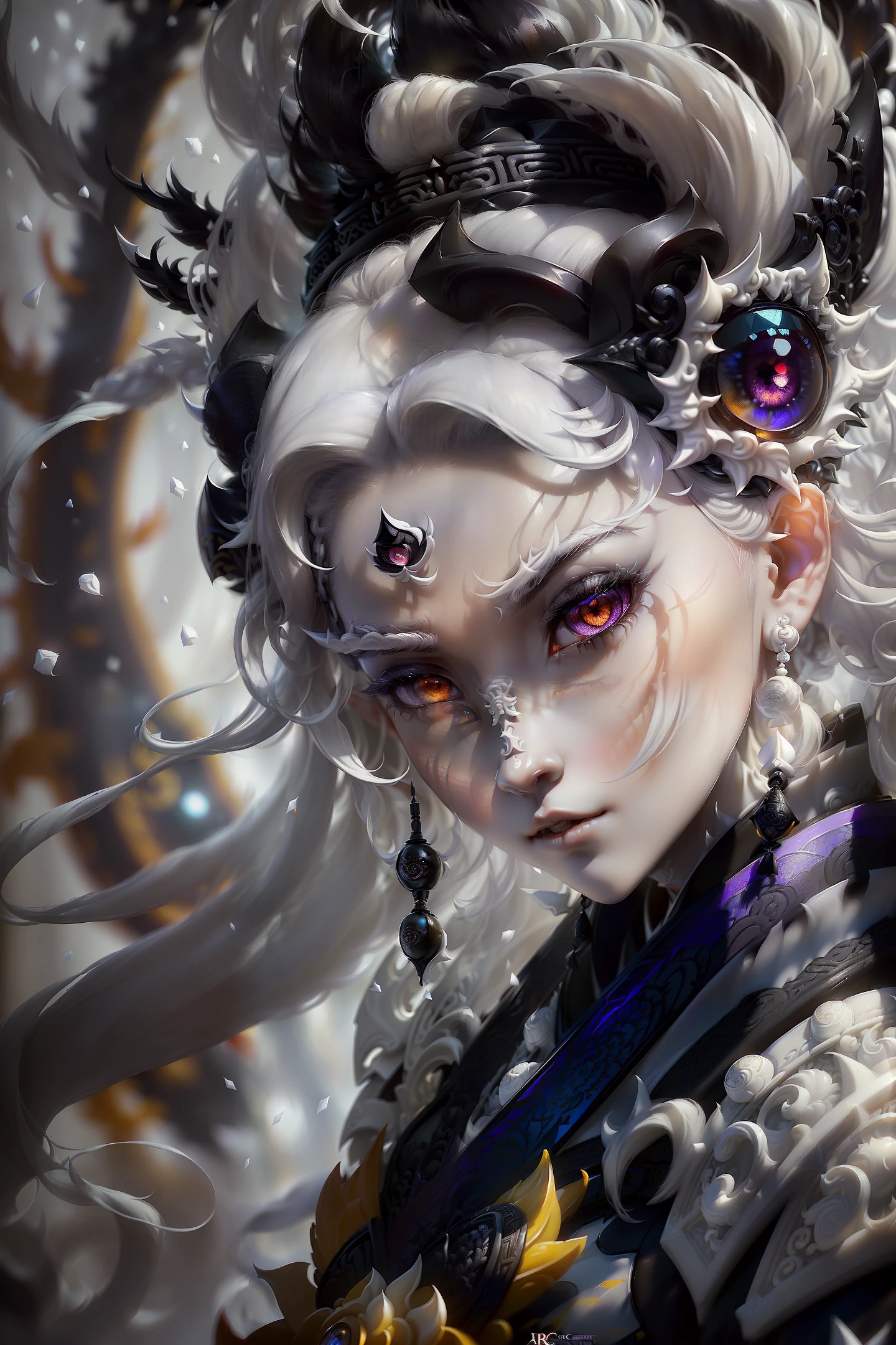Analog Style, ((Complicated Details)), Full Body, Glowing, Beautiful, (Pale Chinoiserie Evil Princess), (yellow Hair), (Complicated), ((Light Bone Onyx Hanfu Armor)), (Complicated Jagged Obsidian crown) , Dynamic Pose windblown hair yellow hair Hanfu perfect face golden hairpin (realistic eyes) round pupils ((((((white eyes)))), perfect eyes, complex, complex, Helios 44 -2, swirl bokeh, artstation trend , sharp focus, studio photo, intricate detail, very detailed, sharp, dnd portrait, (oil on canvas), perfect lighting, masterpiece, detailed background, artgerm and greg rutkowski portrait, film lighting, 8k