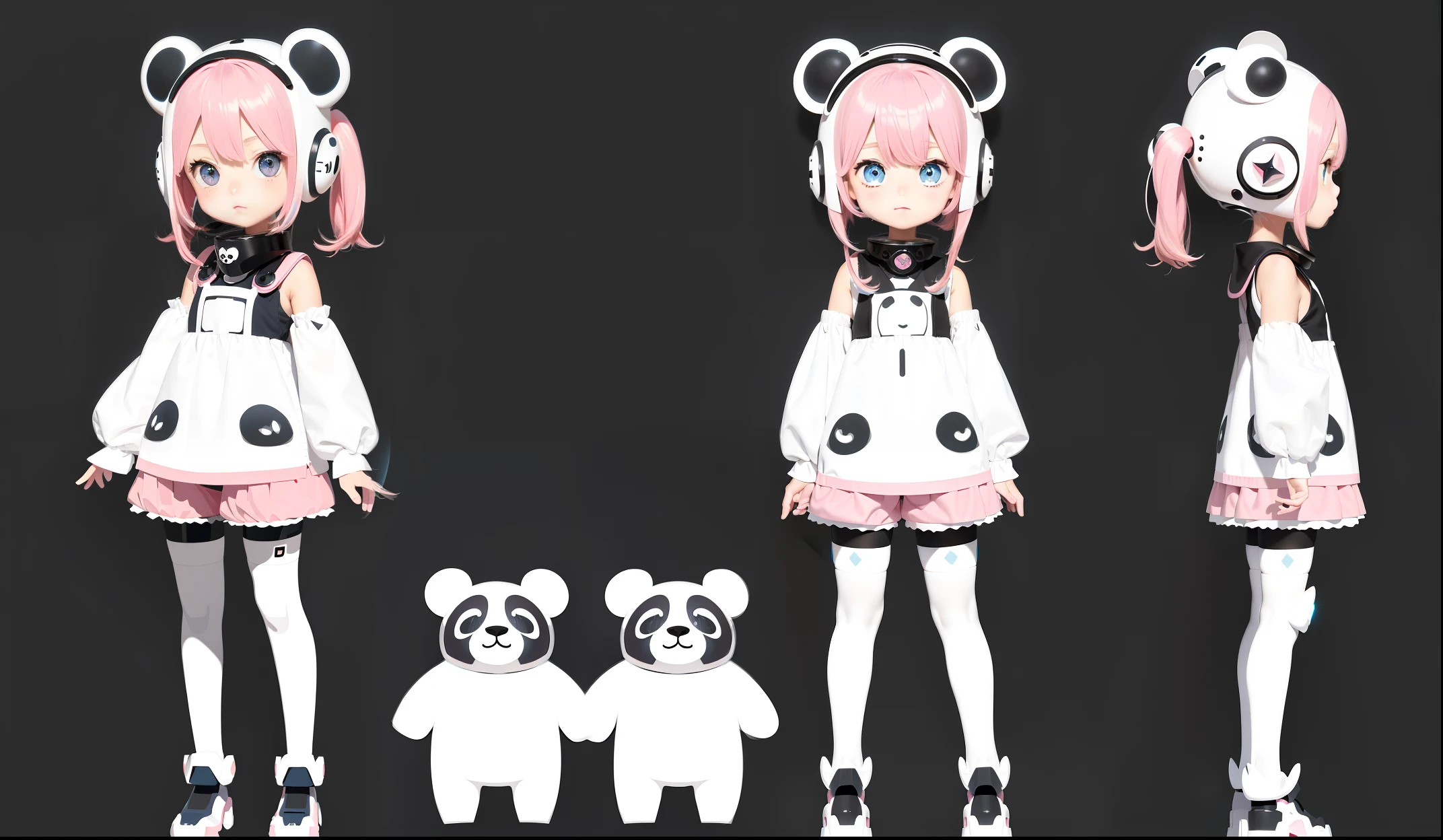 (Same character, front, side, back), simple background! , (full body) little girl, pink hair blue head curtain, exaggerated hairstyle. Big eyes, mecha style, shorts, black and white, panda helmet, stockings