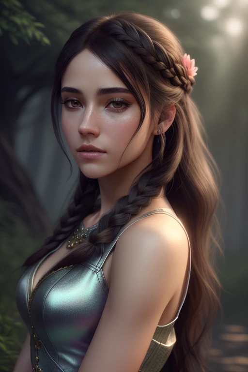 (super detailed), high resolution 8k wallpaper, best quality, full body, a beautiful young caucasian woman, black hair, two braids, (highly detailed hair: 1.4), smoke, fog, (dark forest: 1.1) , bokeh, faded, neutral colors, (hdr: 1.5), ((pastel colors)), colorful dress, floral decoration, dress, fantasy style, intricate scene, artstation, super detailed, dramatic lighting, intricate Detail, [Vignette], Intricate Background, ( (((Movie Look)))), Soothing Tones, Intricate Detail, Ultra Detail, Stone Gray Mood, (Wide Angle), Realistic, Sharp focus, beautiful lips