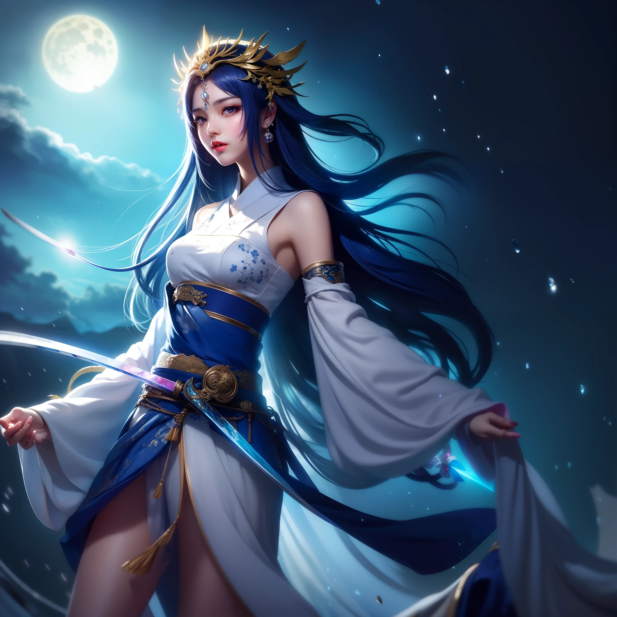 (8k, RAW photo: 1.2), Best Quality, Super High Resolution, Dramatic Angle, (Floating Detailed Color Splash), (Illustration), (((1 Girl))), (Long Hair), ( Rain: 0.9), (Headdress: 1.4), the girl is flying in the air, her figure is agile, there is an ancient palace beside the girl, (((Hanfu))), holding a long sword (blue light) (emphasis), colored ink painting, (splashing color ), splash Color,((colorful)) ,( ((cool colors))),(((Tang dinasty)))(sketch:0.8), Masterpiece, best quality, beautiful painted, highly detail,(denoising:0.6) ,[Anti-ink], ((ink refraction)), (beautiful detailed sky), moon, height, detailed, (masterpiece, best quality, extremely detailed CG unity 8k wallpaper, masterpiece, best quality, super detailed), (lycoris ) ,building, (flashing blue light), upper body wrapped in silk,