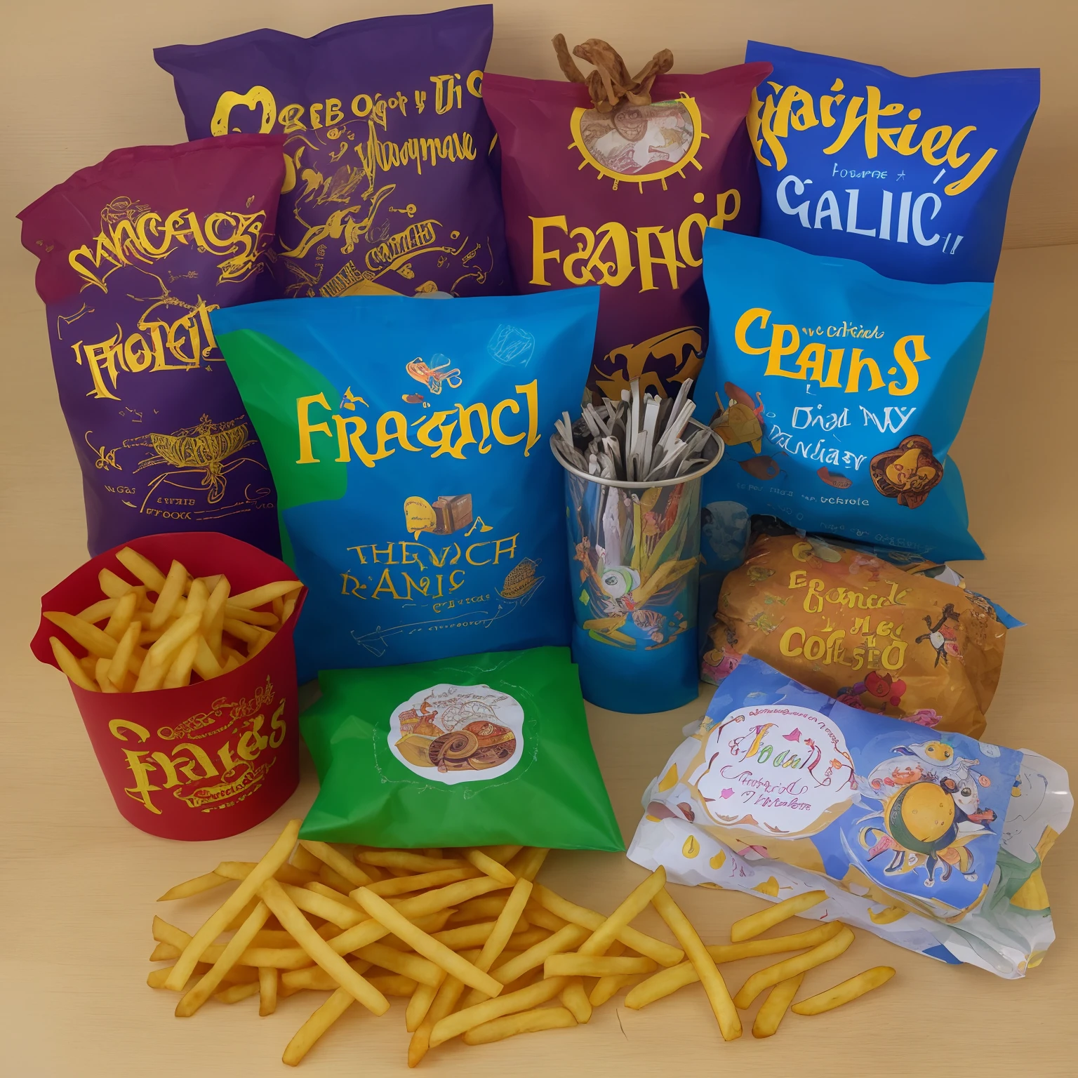 Such as French fries packaging, French fries, fast food packaging, magic world, black gold, orange, green, brown, magic wand, wizard hat, owl and other iconic elements, magic book form, foldable, reversible and other structures, four representative colors of colleges , Sri Wagon font, Gothic font, magic rune pattern, mysterious ancient font, "magic chips", "wizard food", Hogwarts and other text descriptions,